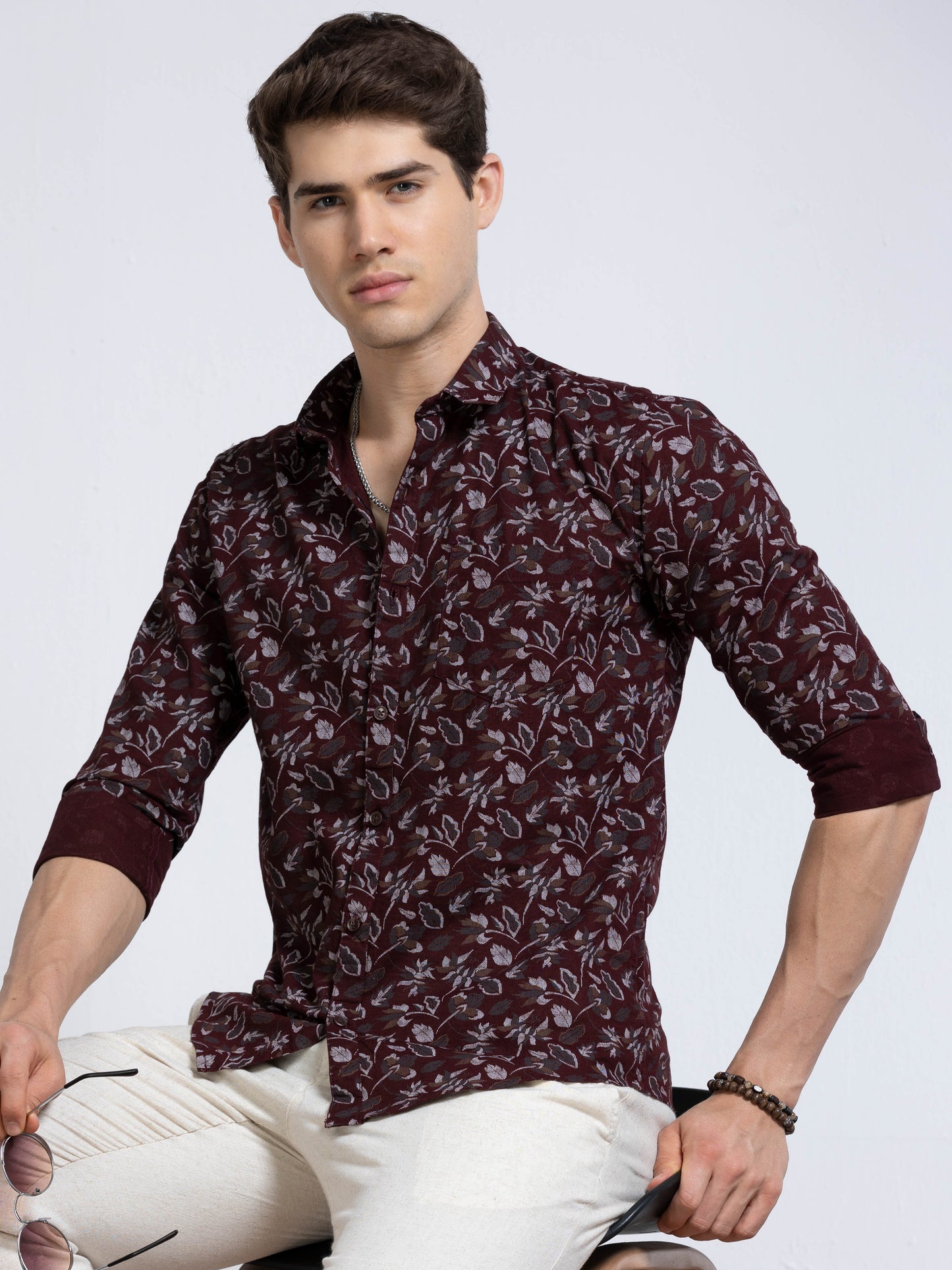Men's Linen Wine Floral Printed Shirt