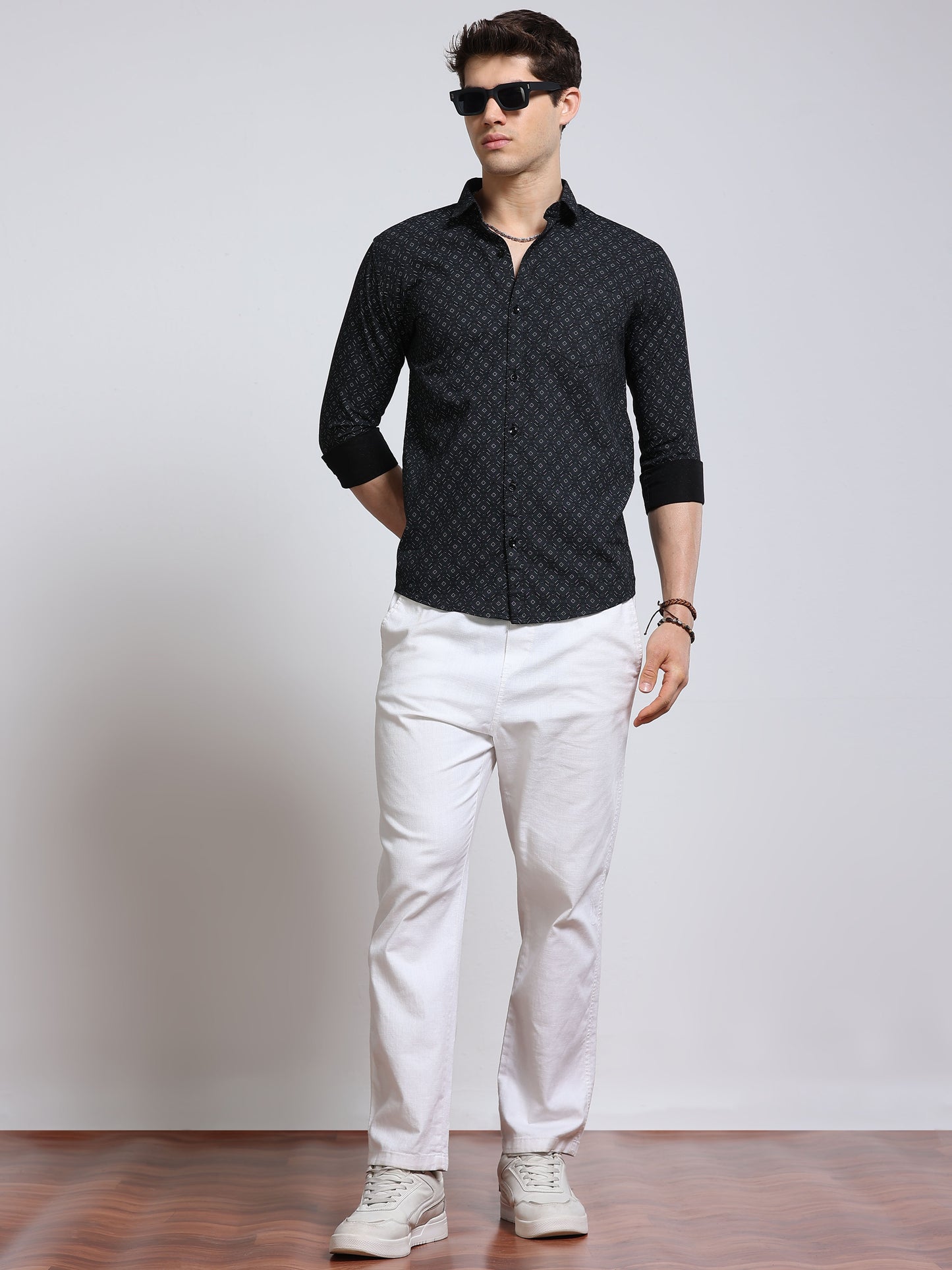 Men's Linen Black Micro Diamond Geometric Printed Shirt