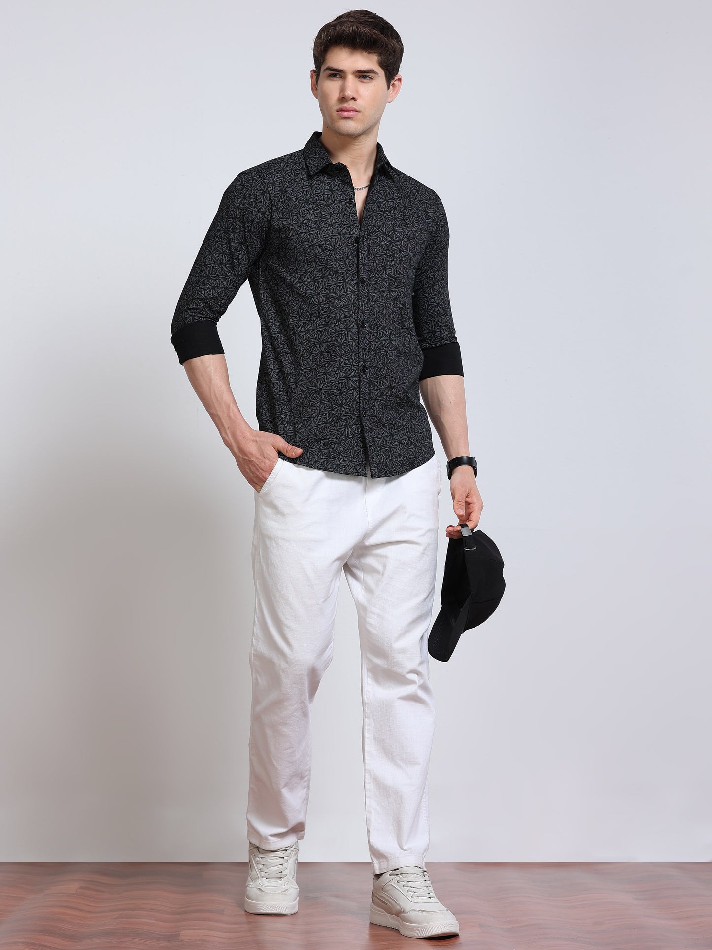 Men's Linen Black Abstract Printed Shirt