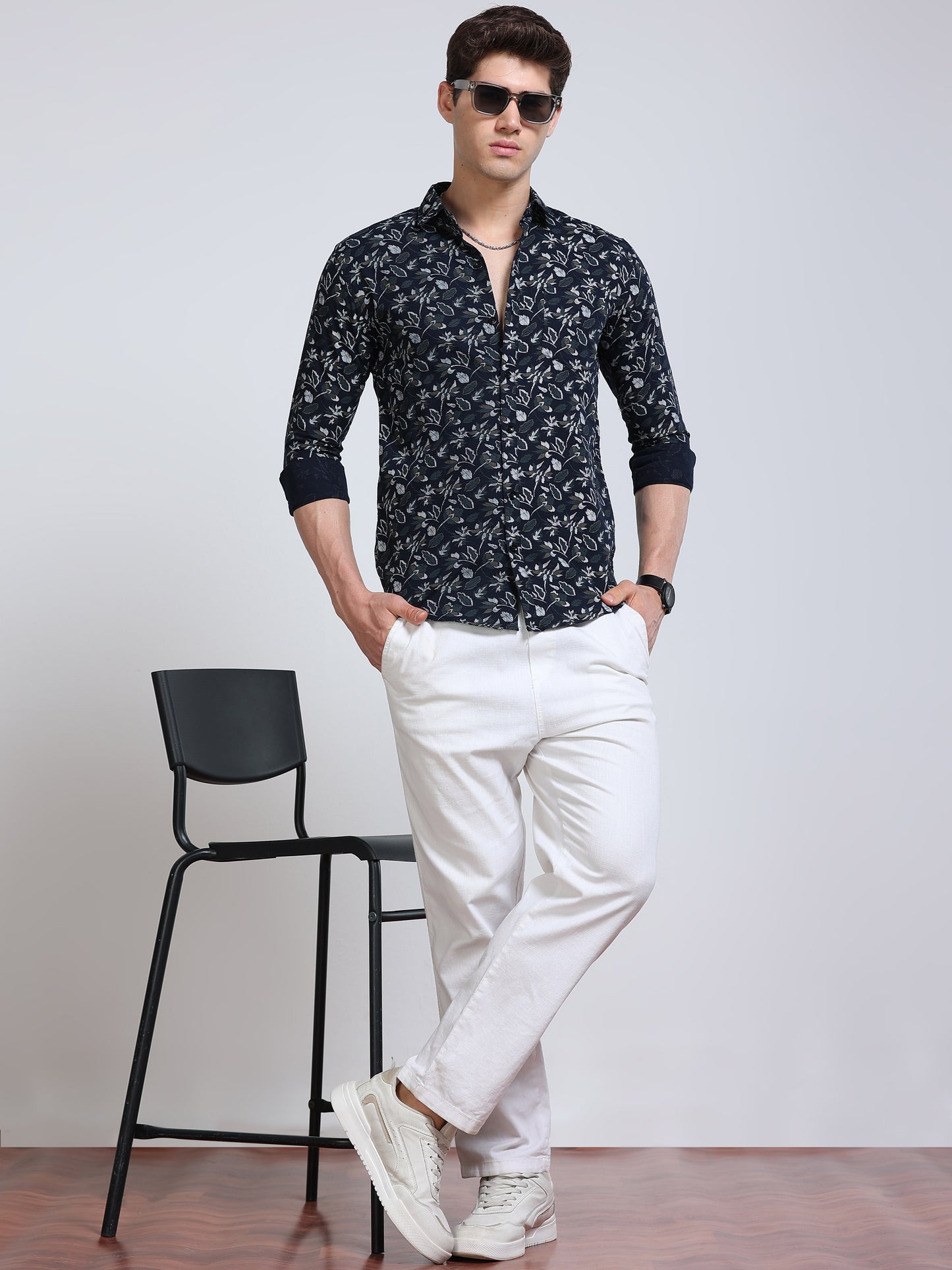 Men's Linen Navy Blue Floral Printed Shirt