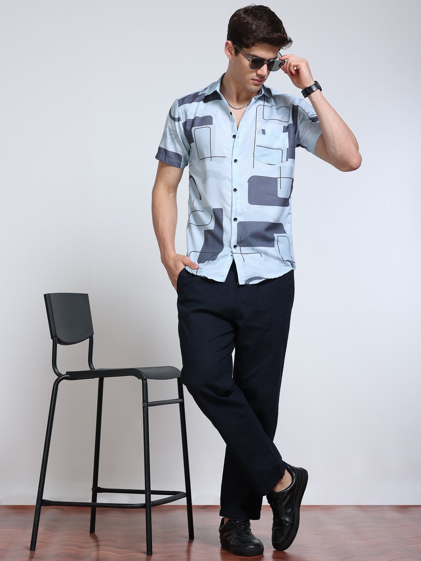 Men's Rayan Light Blue Geometric Printed Half Sleeve Shirt