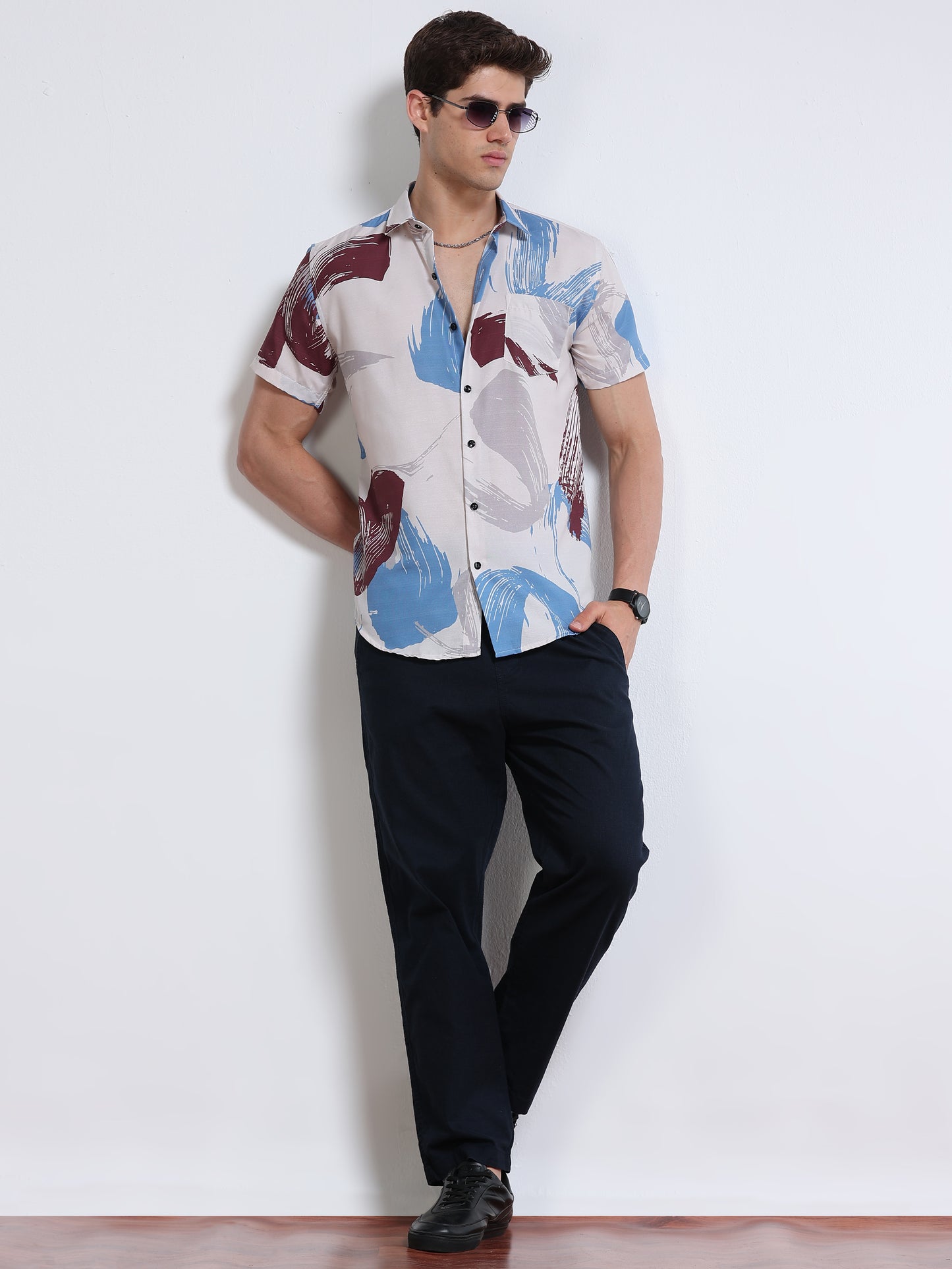 Men's Rayan White Abstract Brush Stroke Printed Half Sleeve Shirt