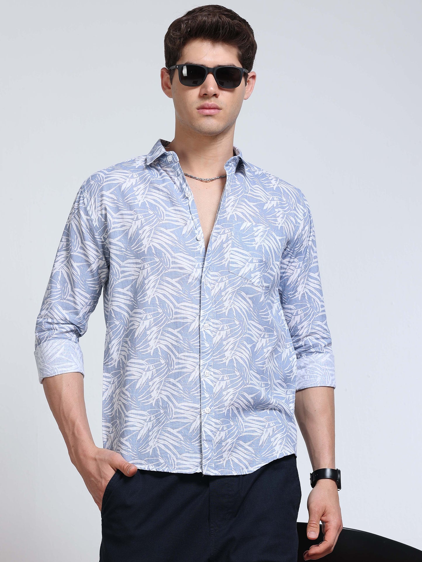 Men's Linen Light Blue Tropical Leaf Printed Shirt