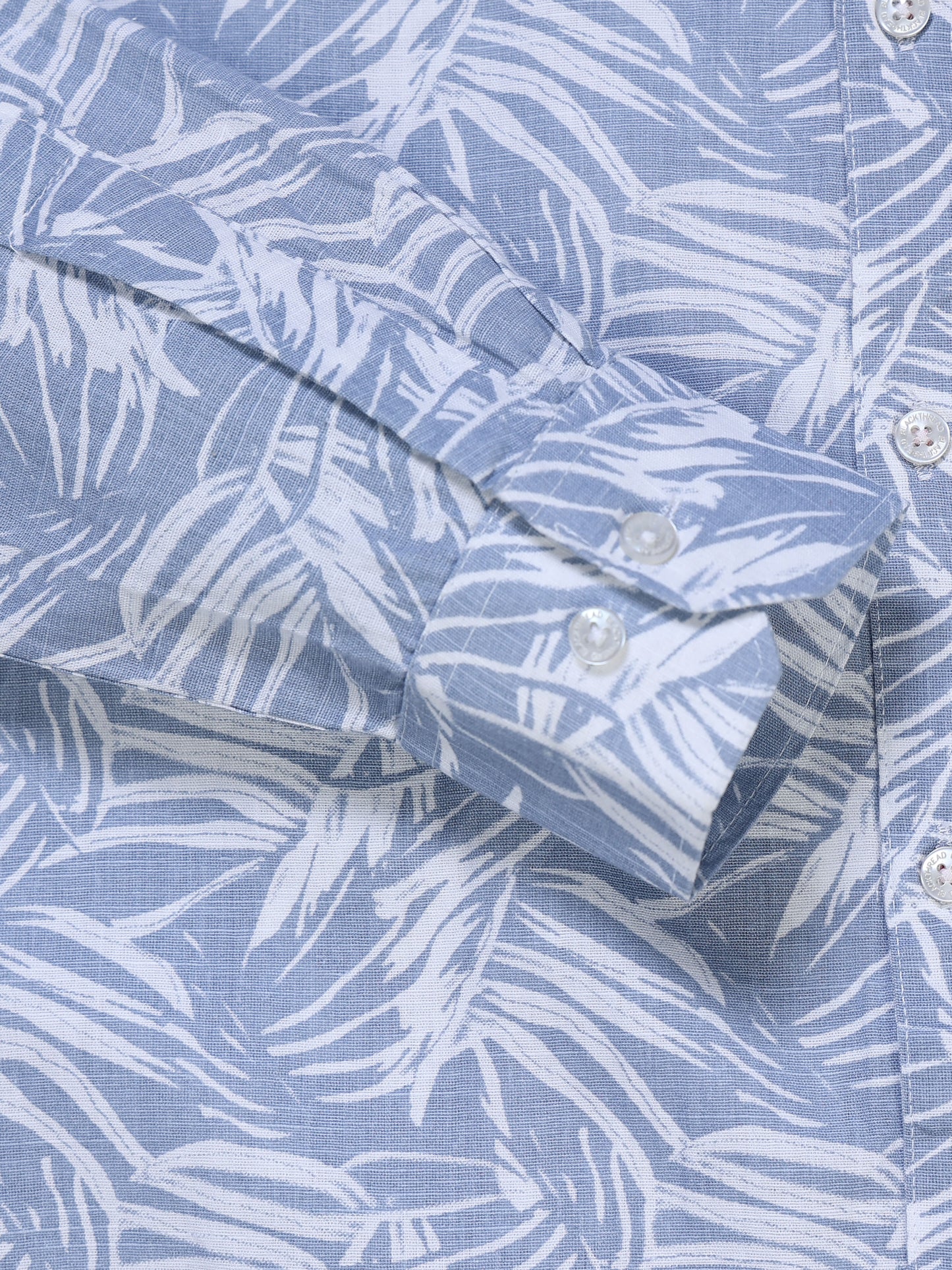 Men's Linen Light Blue Tropical Leaf Printed Shirt