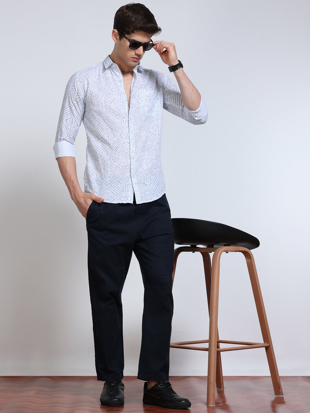 Men's Linen White Geometric Diamond Printed Shirt