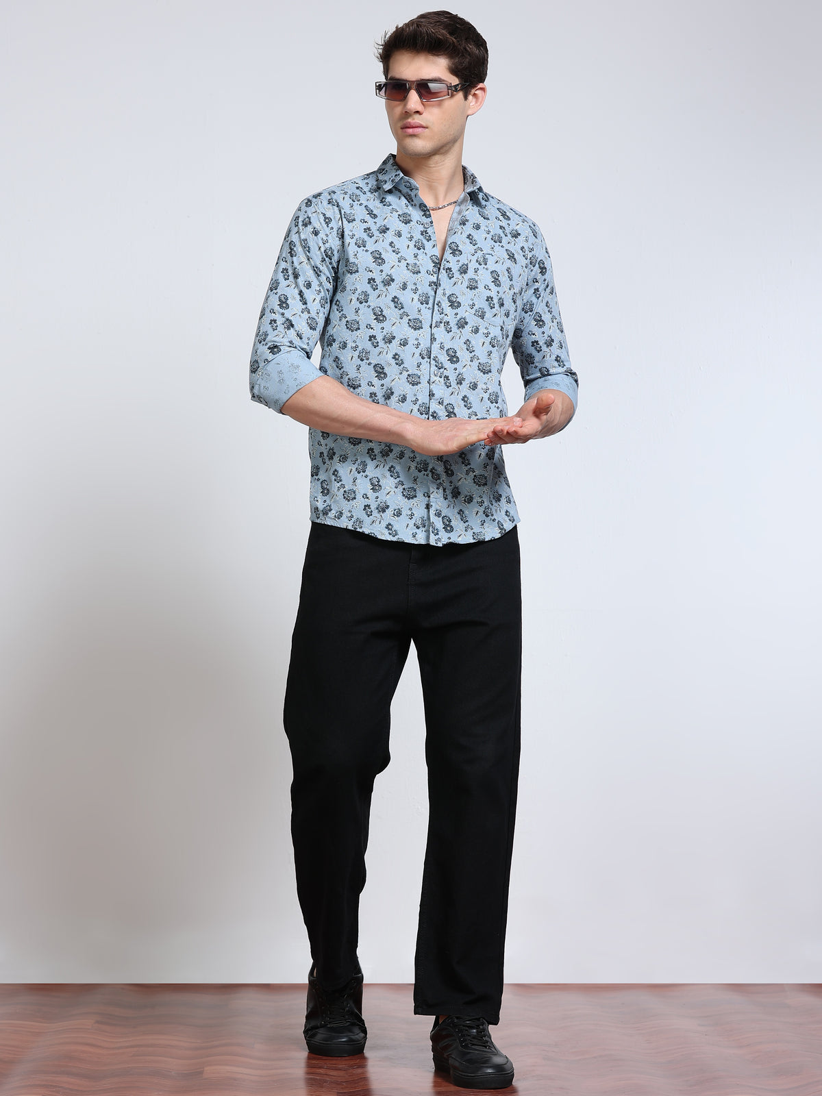 Men's Linen Light Blue Dark Floral Printed Shirt