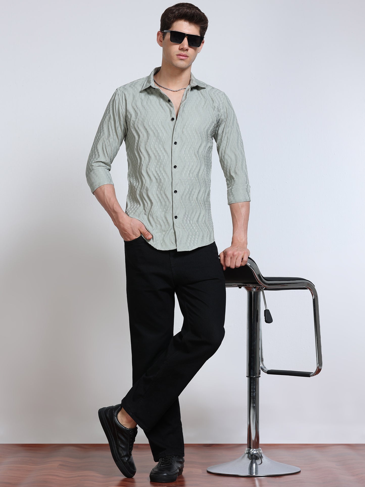 Men's Sage Green Wave Textured Casual Shirt