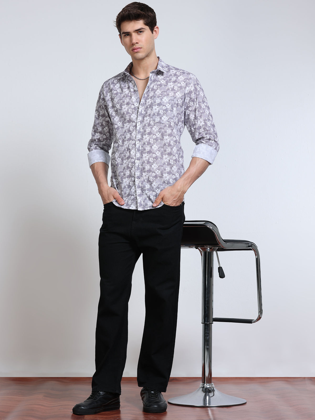 Men's Linen Grey White Floral Printed Shirt