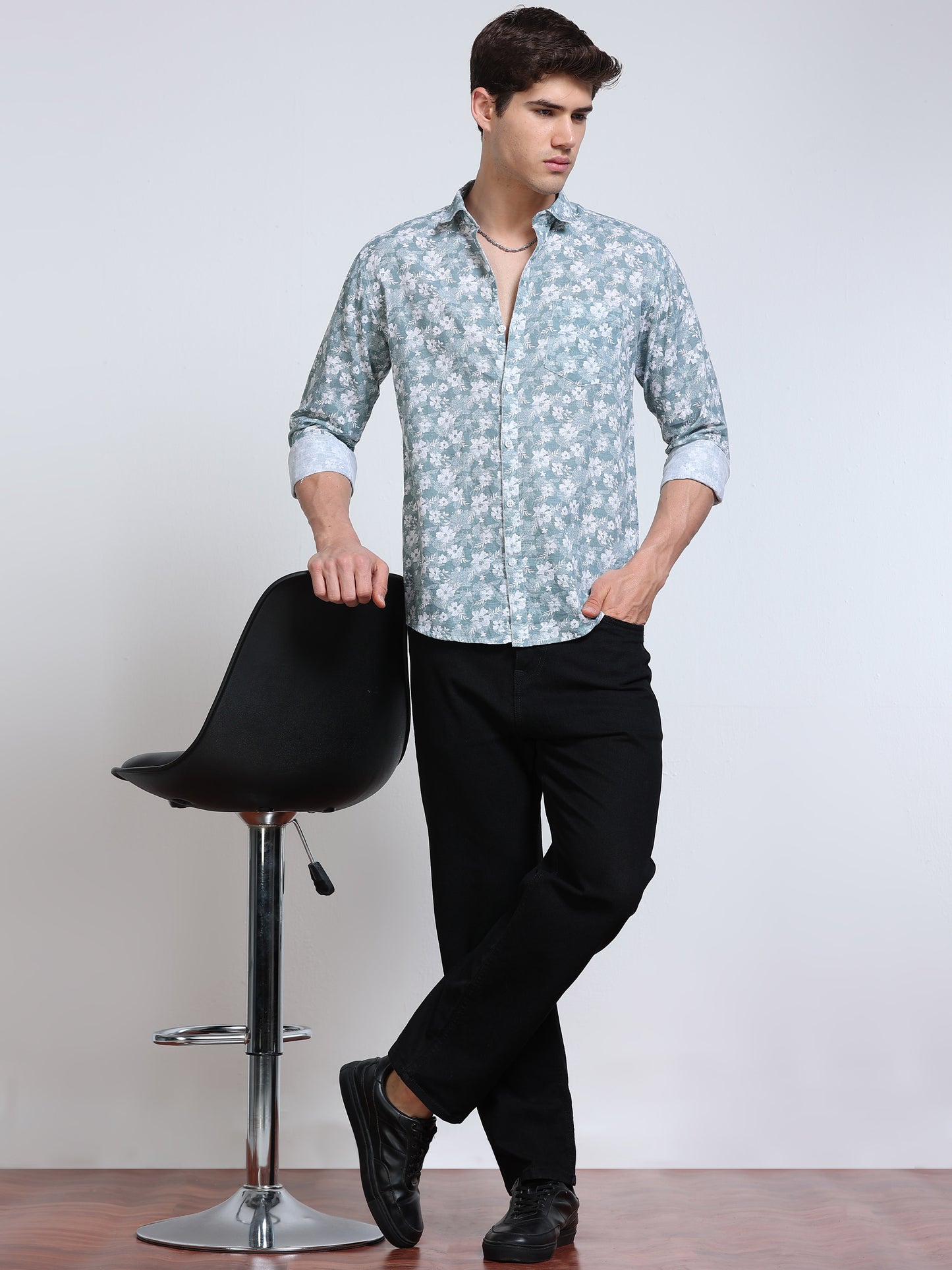 Men's Linen Teal White Floral Printed Shirt