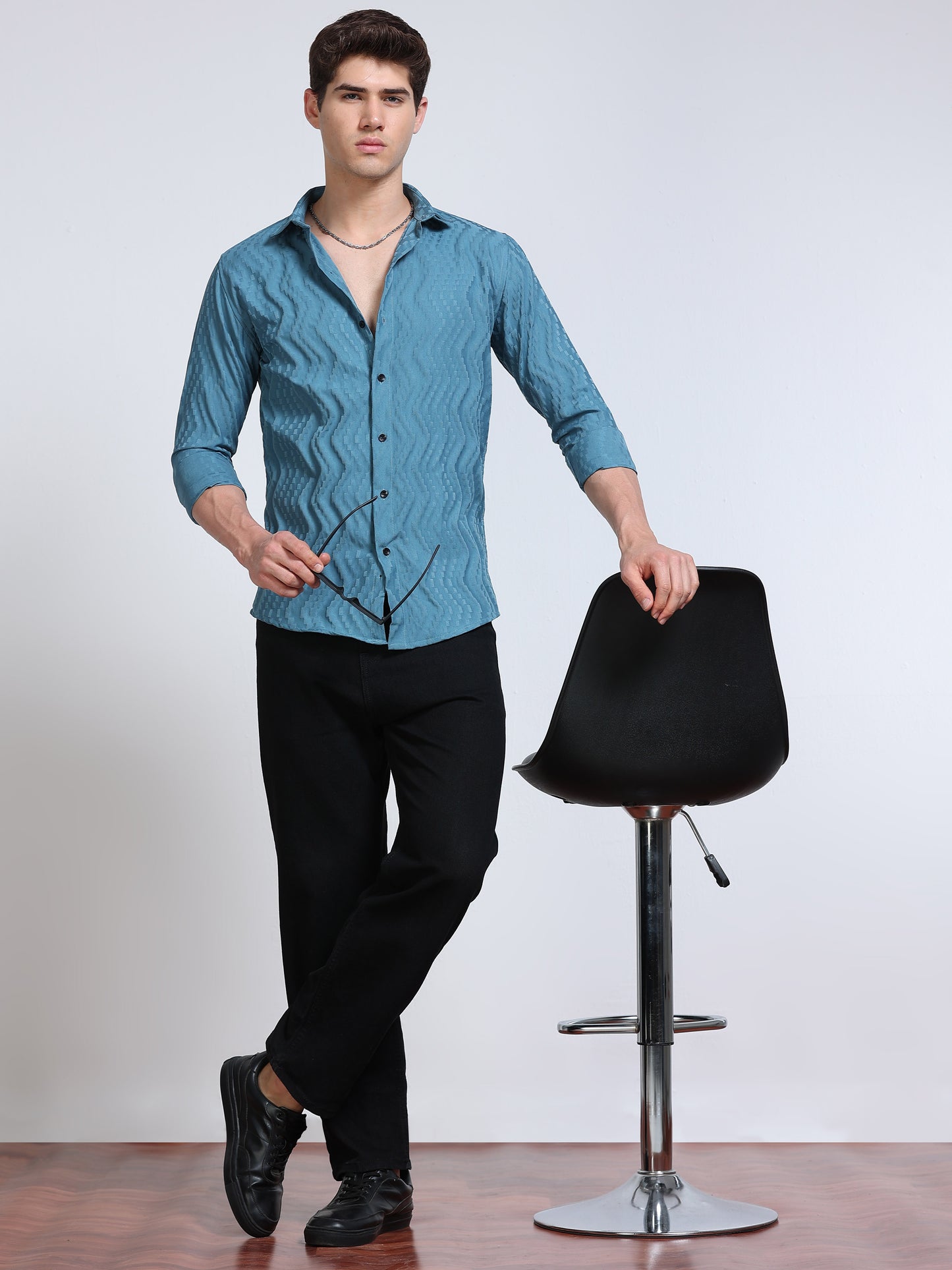 Men's Steel Blue Wave Textured Casual Shirt