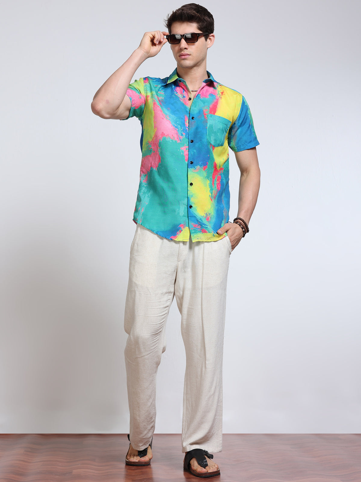 Men's Rayan Multicolour Tie-Dye Abstract Printed Half Sleeve Shirt