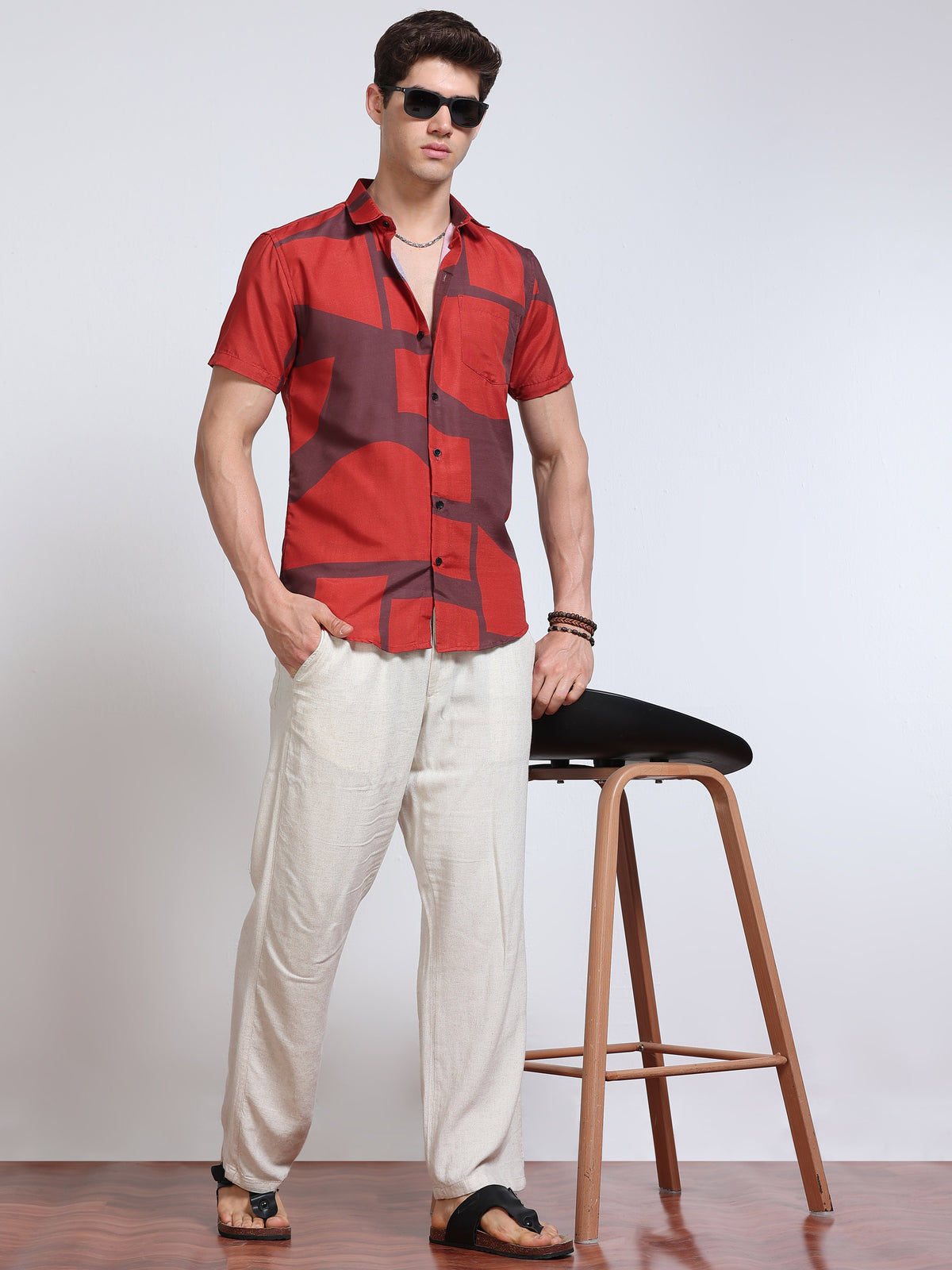 Men's Rayan Red Abstract Geometric Block Printed Half Sleeve Shirt