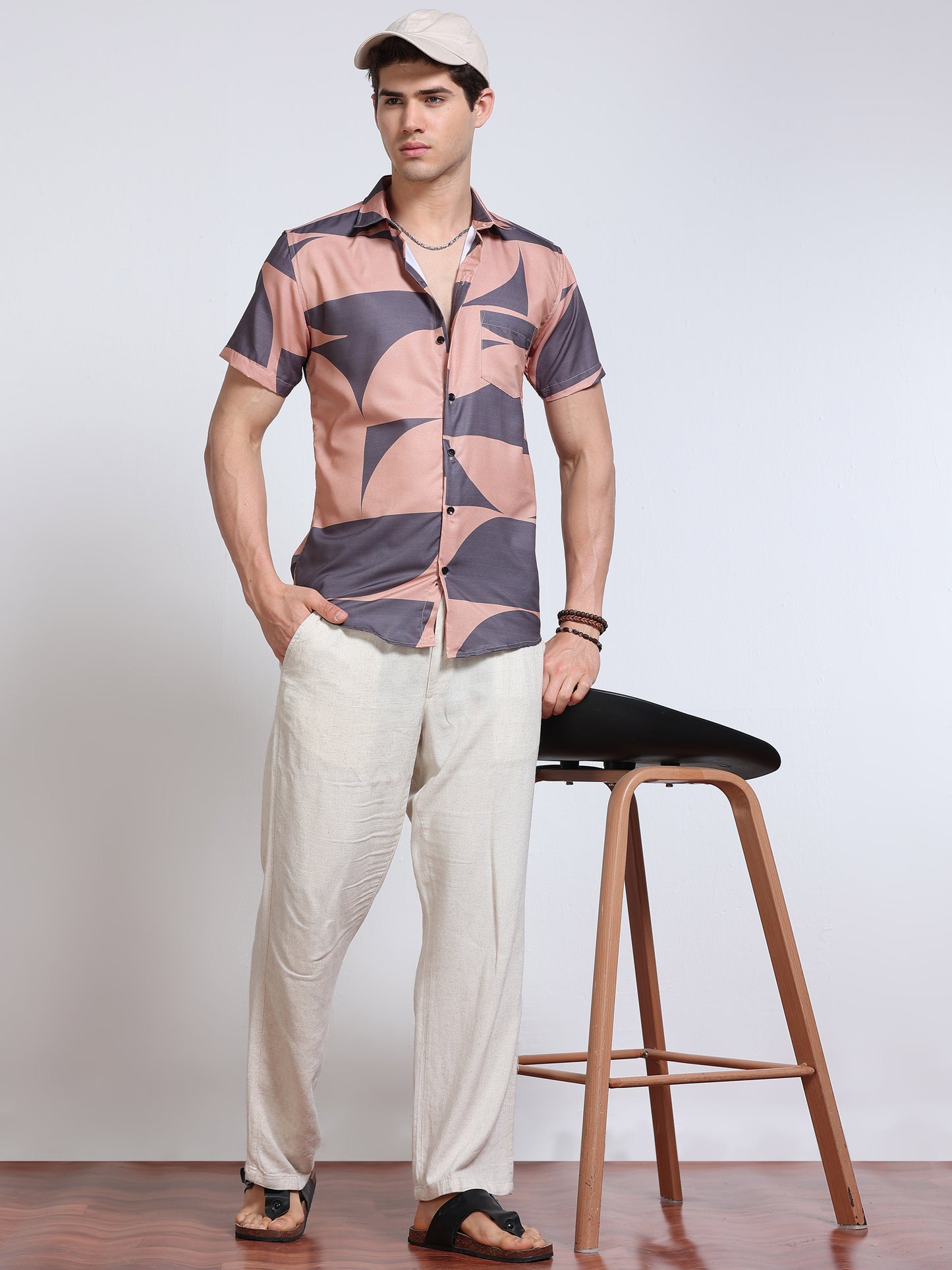 Men's Rayan Peach Abstract Curved Geometric Printed Half Sleeve Shirt
