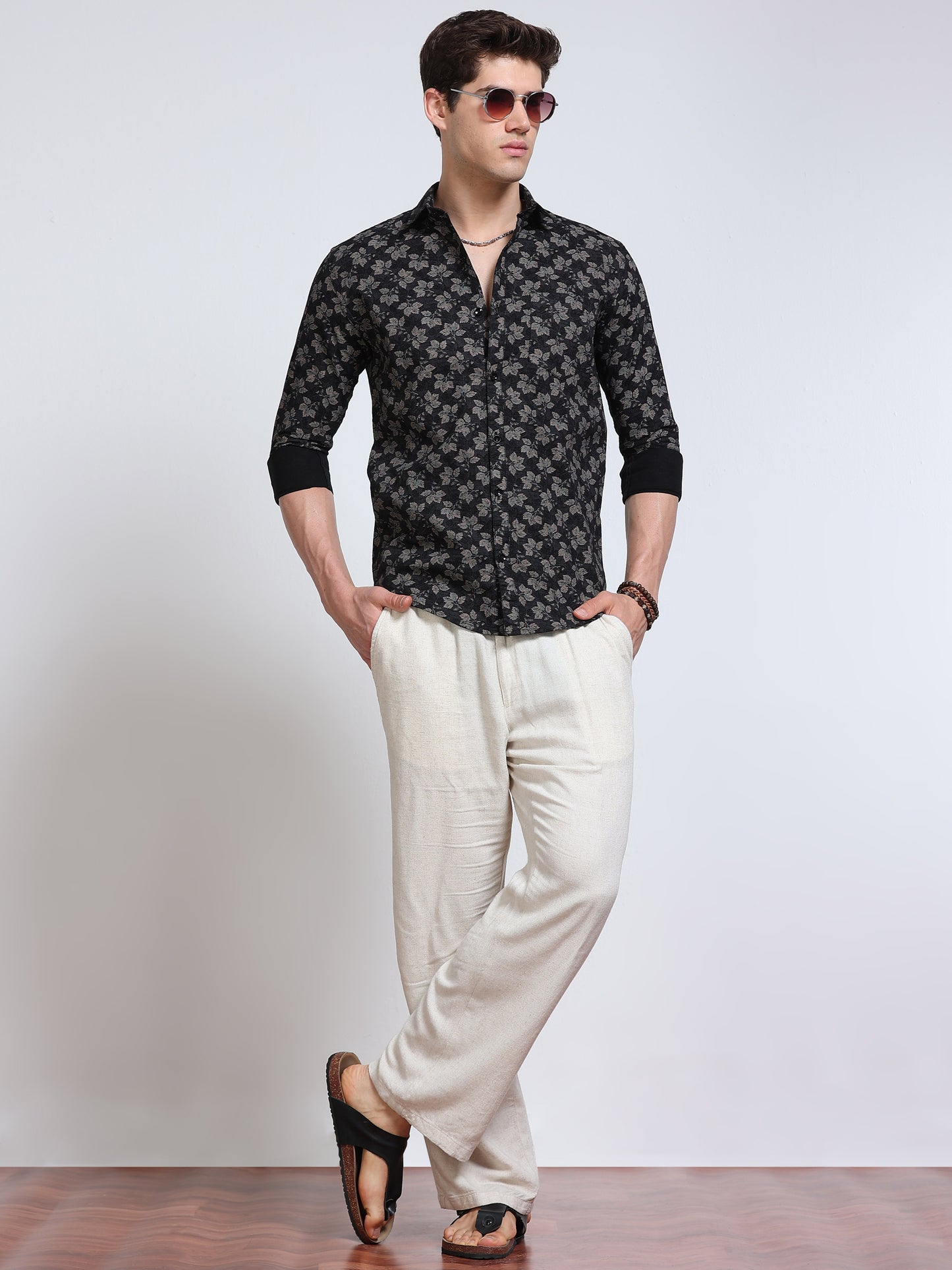 Men's Linen Black Grey Leaf Floral Printed Shirt