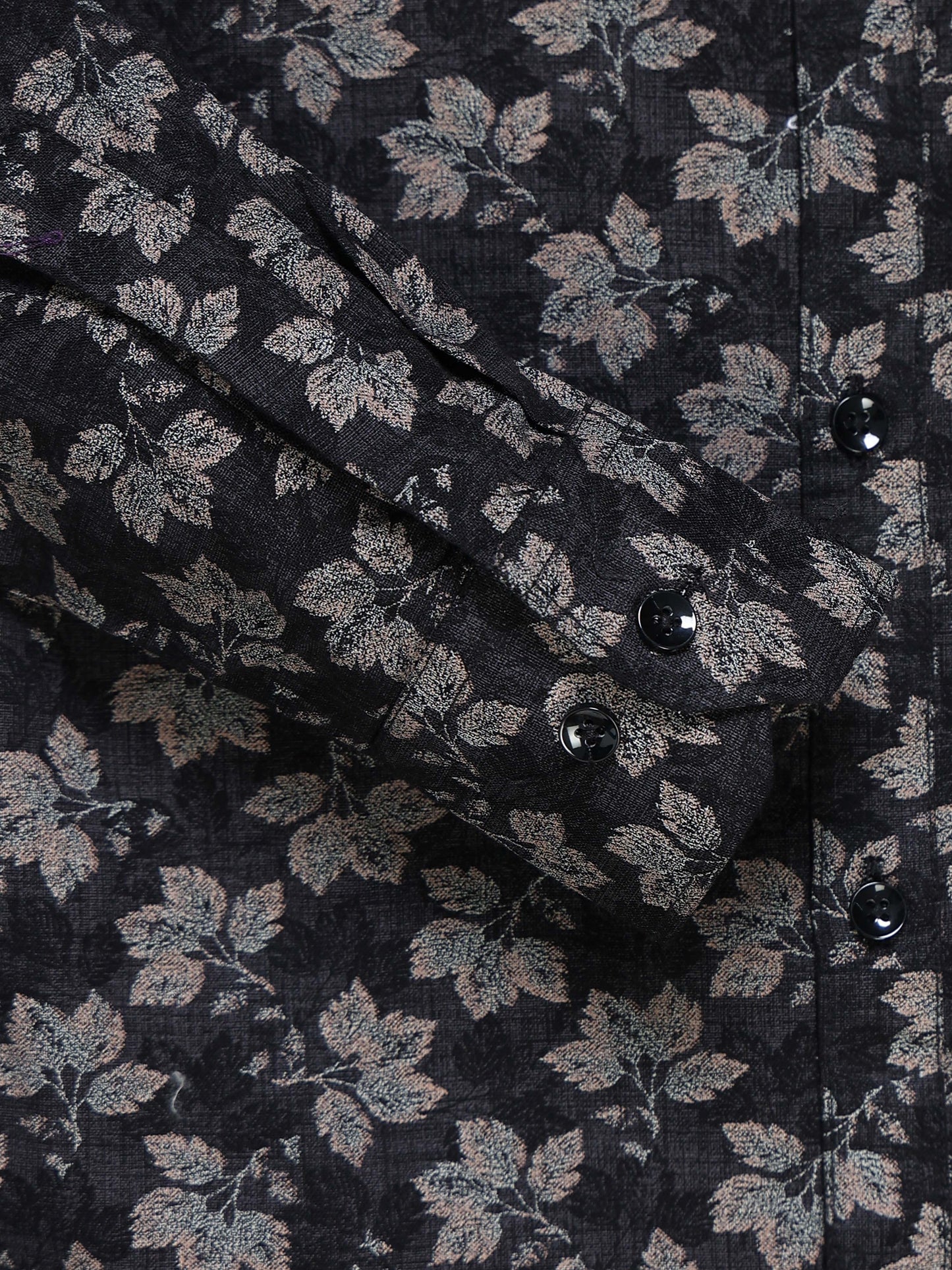 Men's Linen Black Grey Leaf Floral Printed Shirt