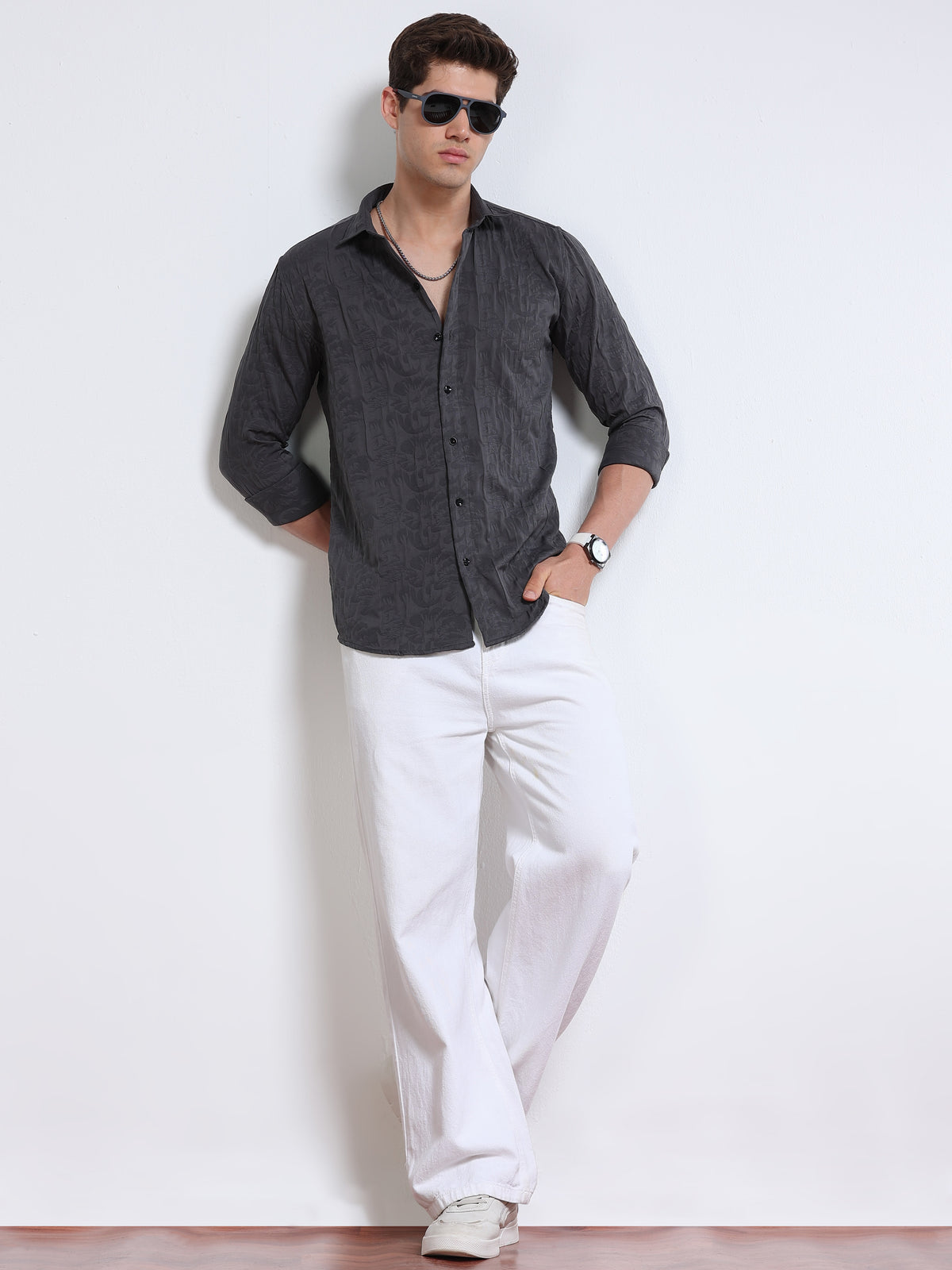 Men's Dark Charcoal Grey Abstract Crinkle Textured Casual Shirt