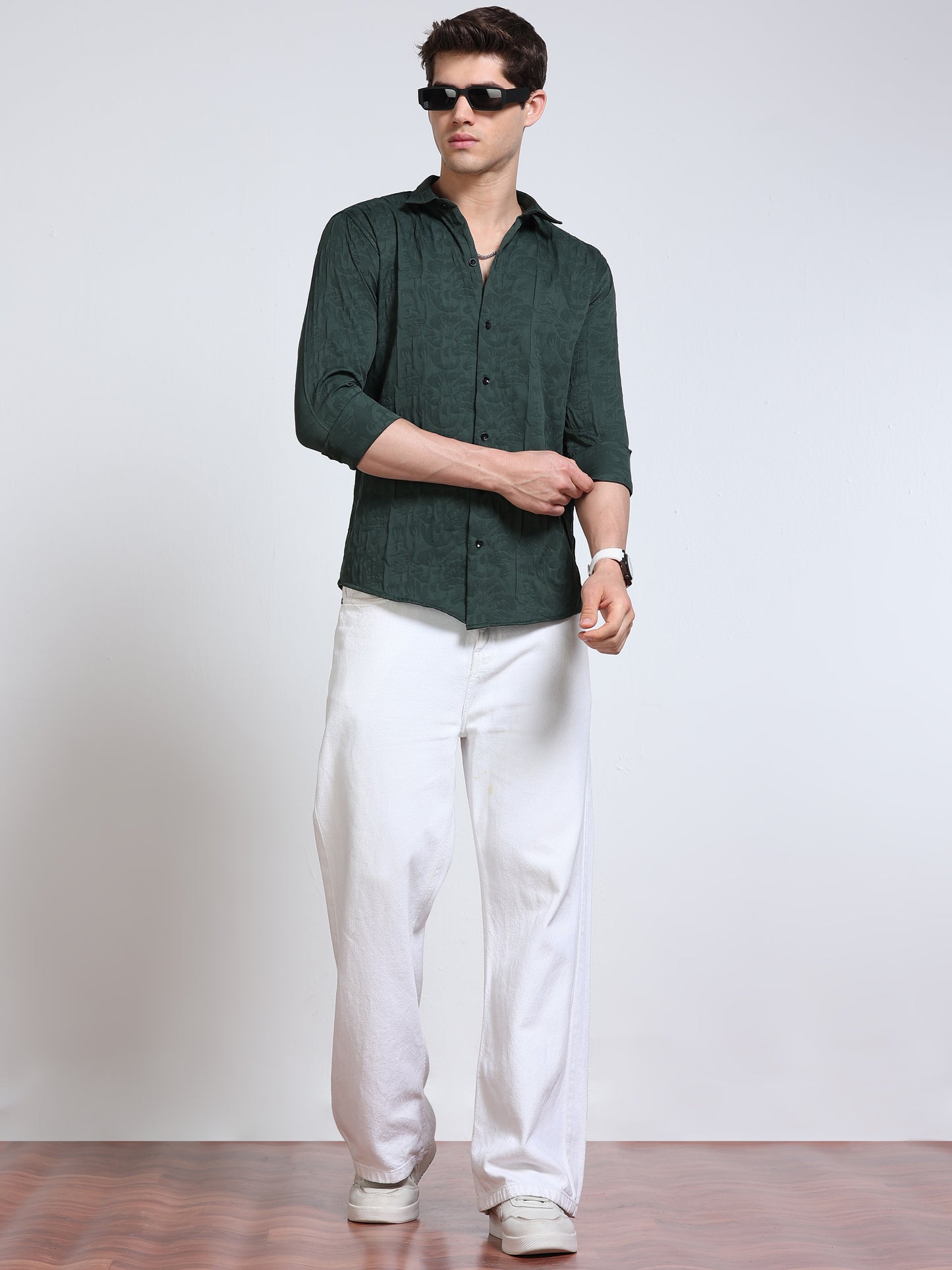 Men's Bottle Green Abstract Crinkle Textured Casual Shirt