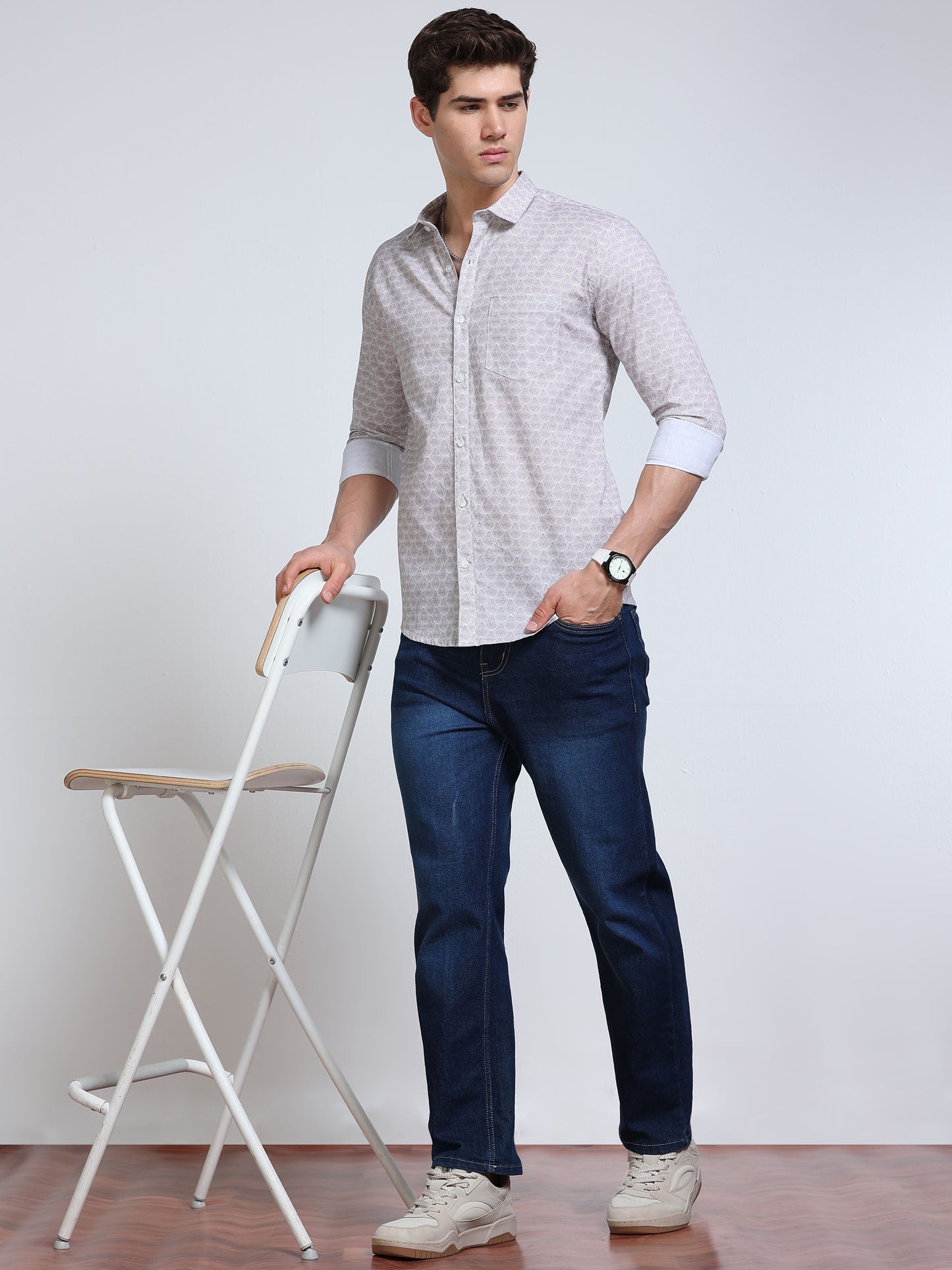 Men's Linen Light Grey White Micro Fan Geometric Printed Shirt