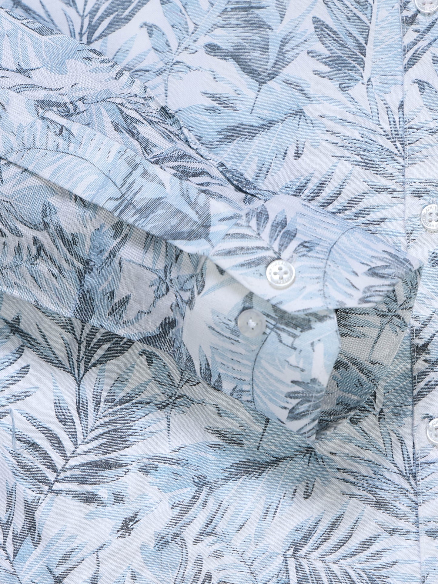 Men's Linen Light Blue Tropical Palm Leaf Printed Shirt