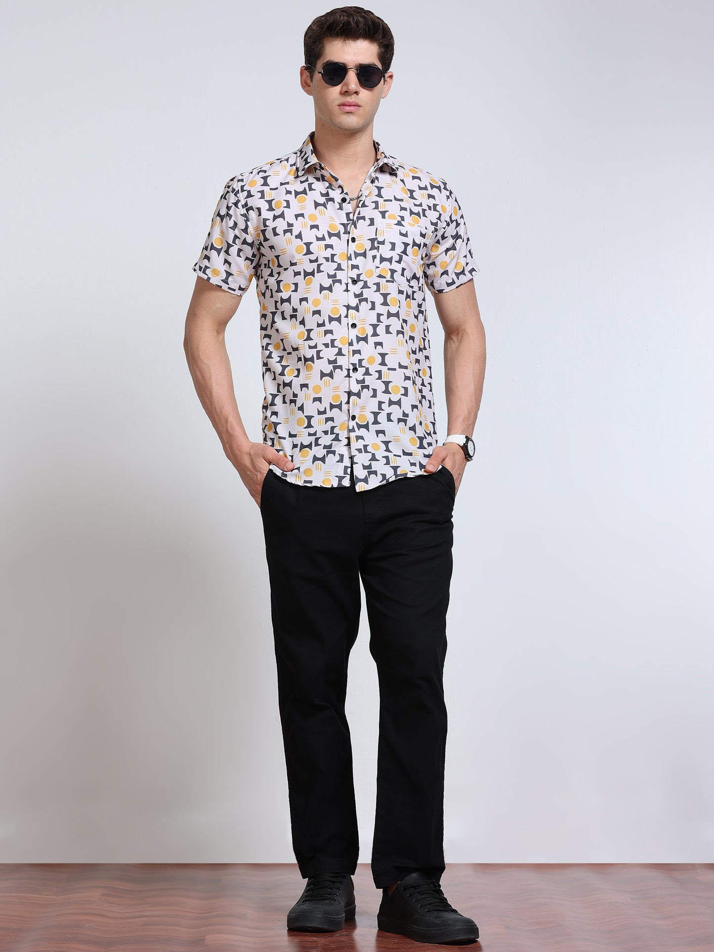 Men's Rayan White Grey Yellow Geometric Mosaic Printed Half Sleeve Shirt