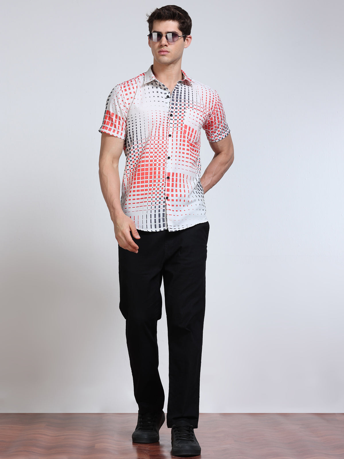 Men's Rayan White Red Grey Pixel Square Grid Printed Half Sleeve Shirt