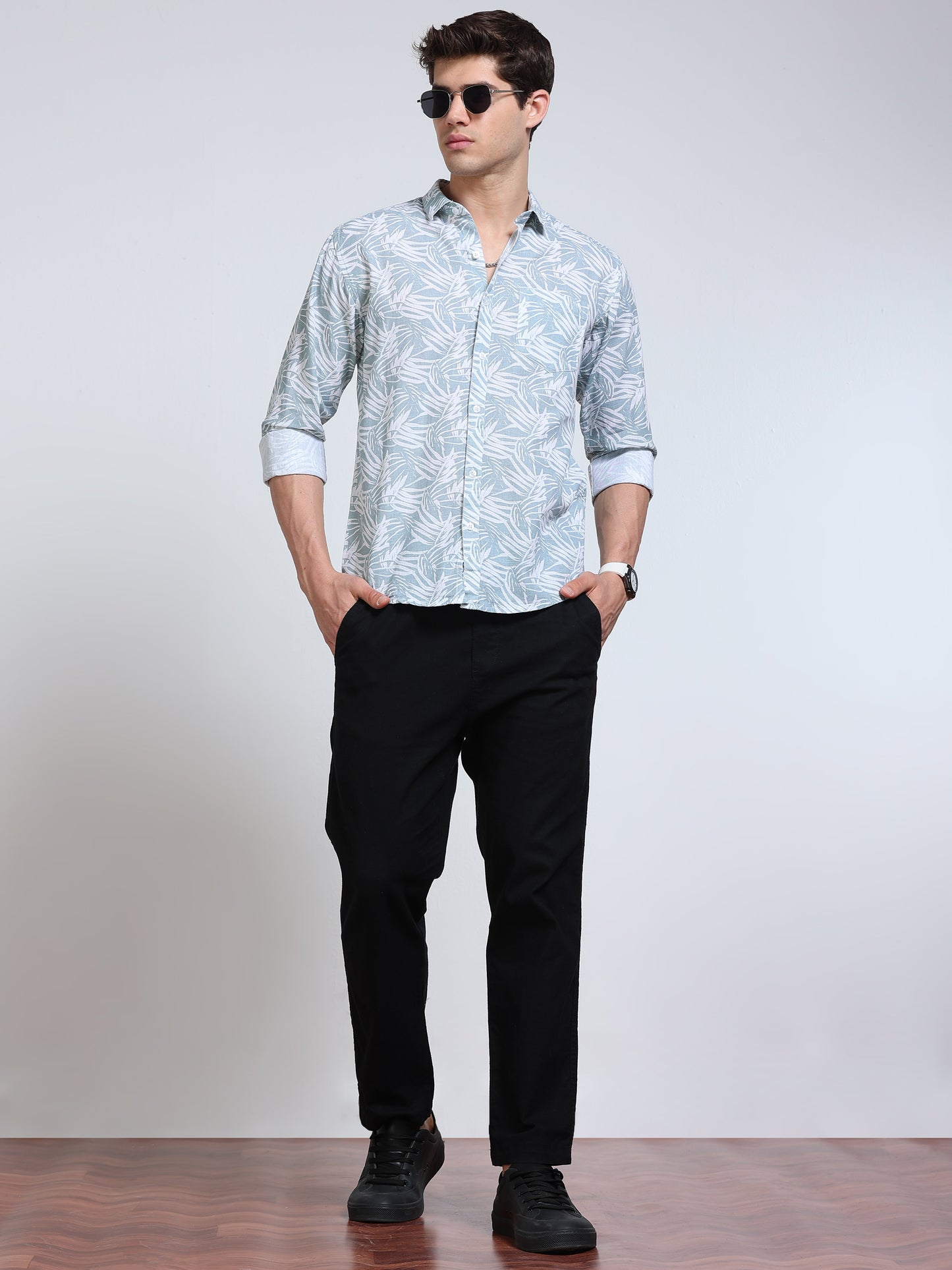 Men's Linen Powder Blue White Tropical Leaf Printed Shirt