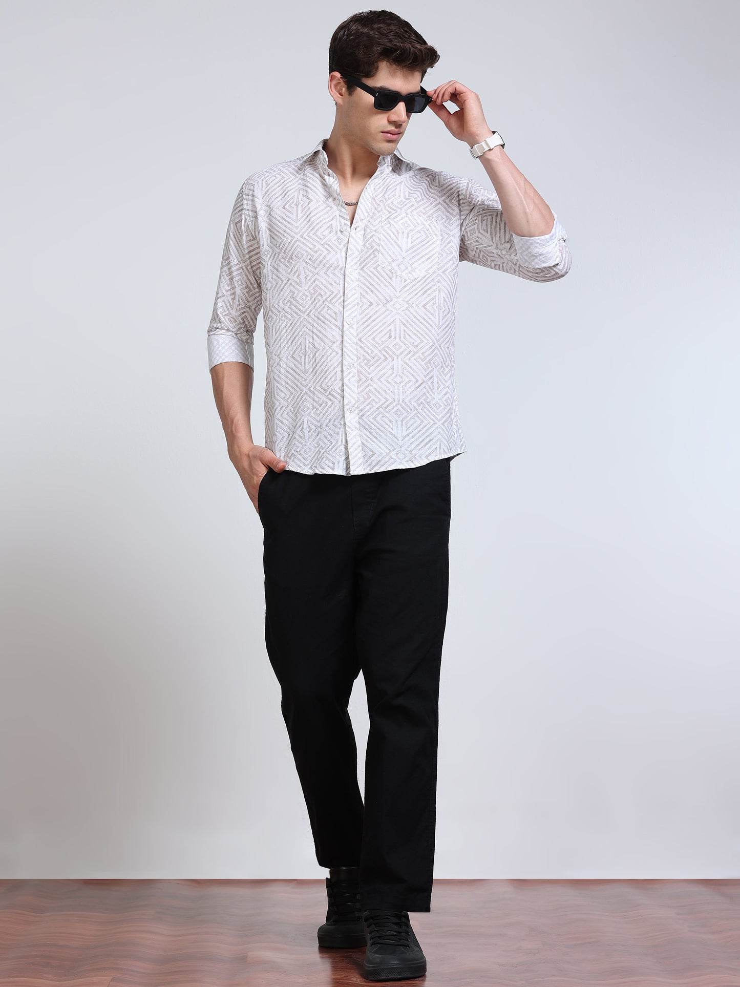 Men's Linen White Beige Abstract Diamond Maze Geometric Printed Shirt
