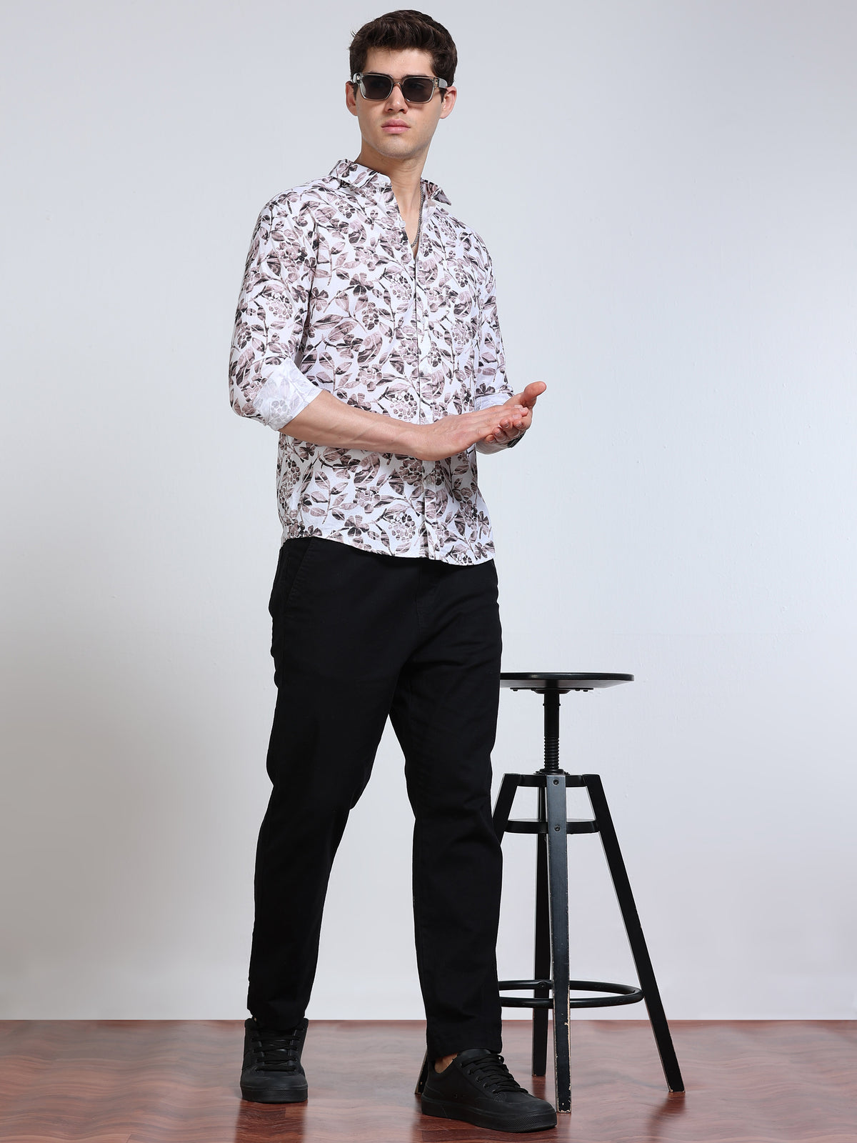 Men's Linen White Grey Brown Watercolour Floral Botanical Printed Shirt