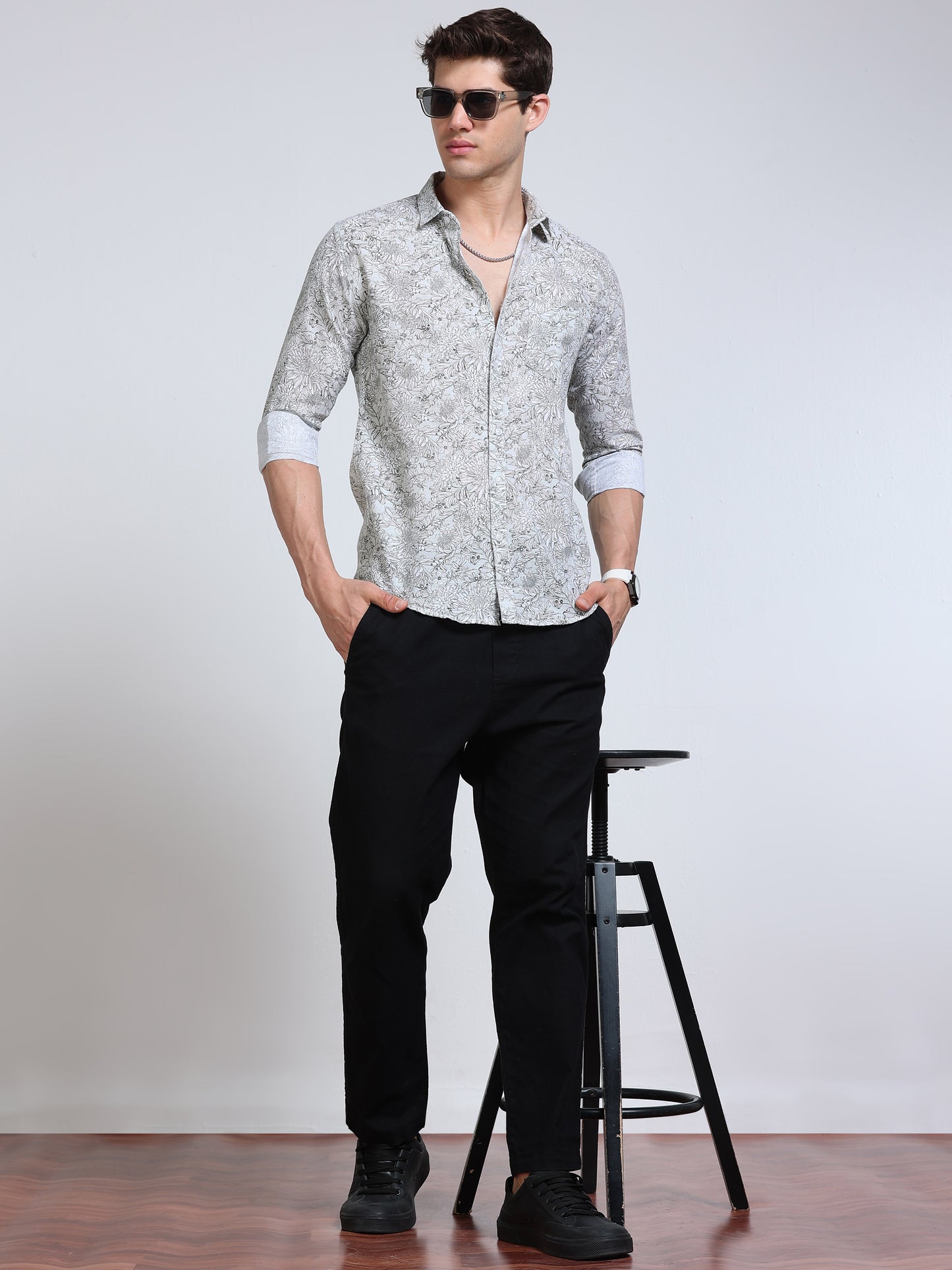 Men's Linen White Botanical Line Art Printed Shirt