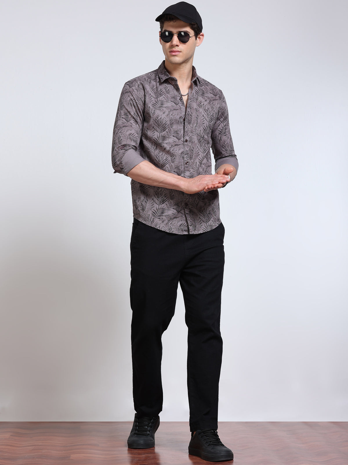 Men's Linen Dark Grey Charcoal Tropical Palm Leaf Printed Shirt