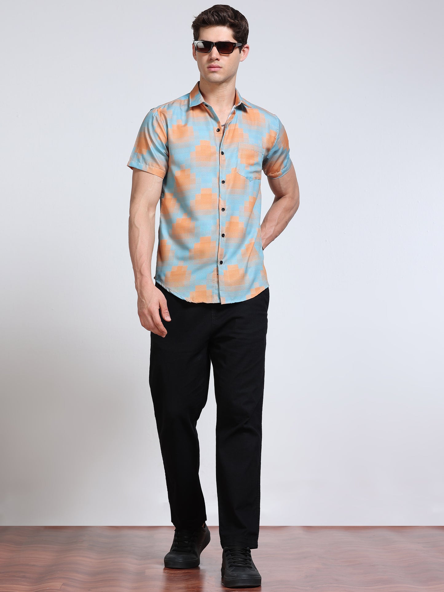 Men's Rayan Sky Blue Peach Abstract Cloud Wash Printed Half Sleeve Shirt