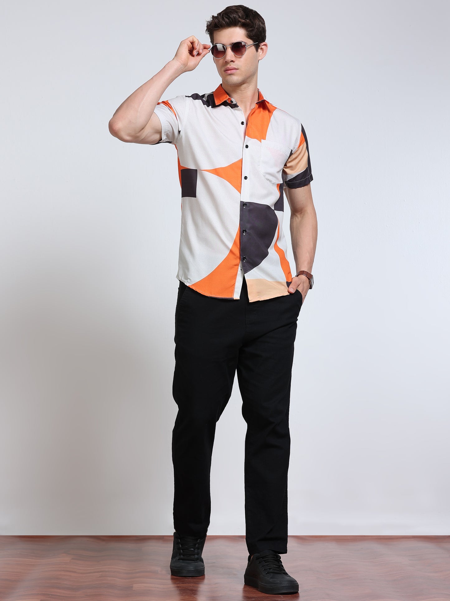 Men's Rayan White Orange Black Abstract Colour Block Printed Half Sleeve Shirt