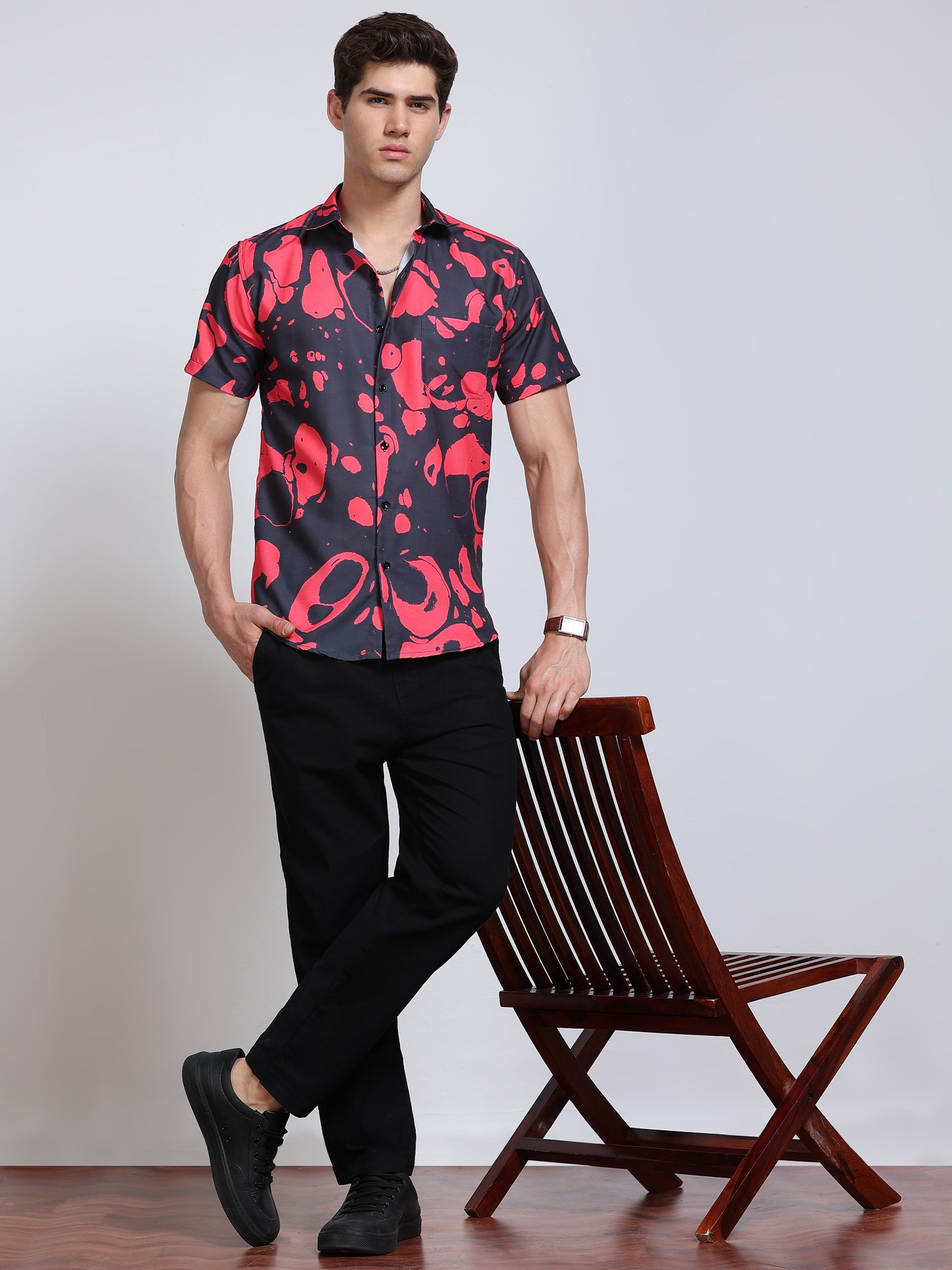 Men's Rayan Black Hot Pink Abstract Ink Blob Printed Half Sleeve Shirt