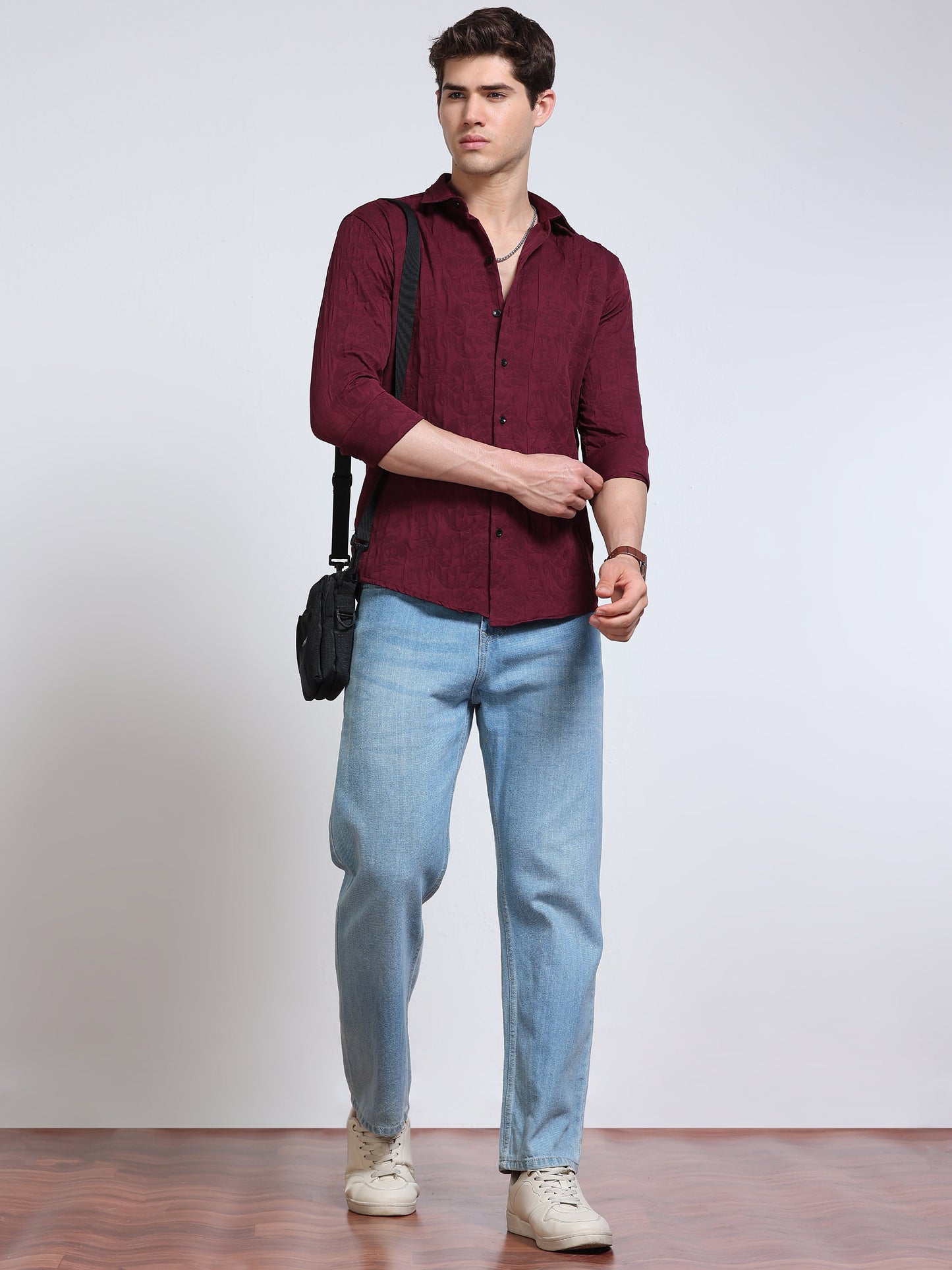 Men's Wine Maroon Abstract Crinkle Textured Casual Shirt