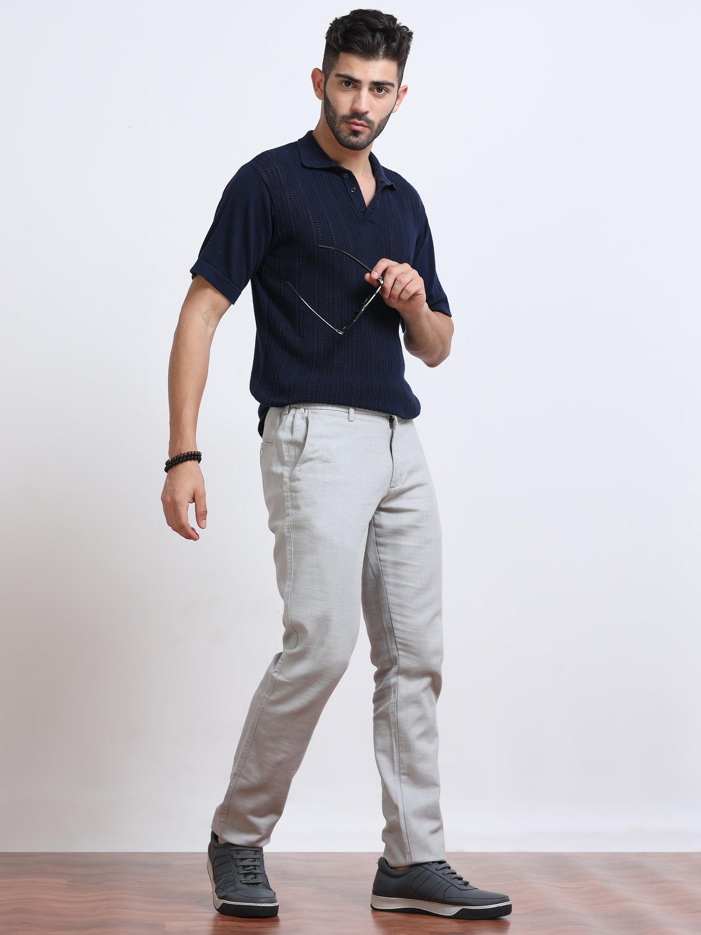 Men’s Linen Light Grey Slim-Fit Casual Trousers– Black Thread