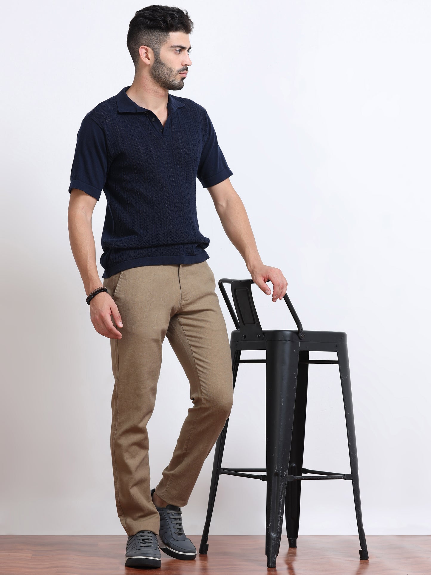 Men’s Linen Khaki Brown Slim-Fit Casual Trousers– Black Thread