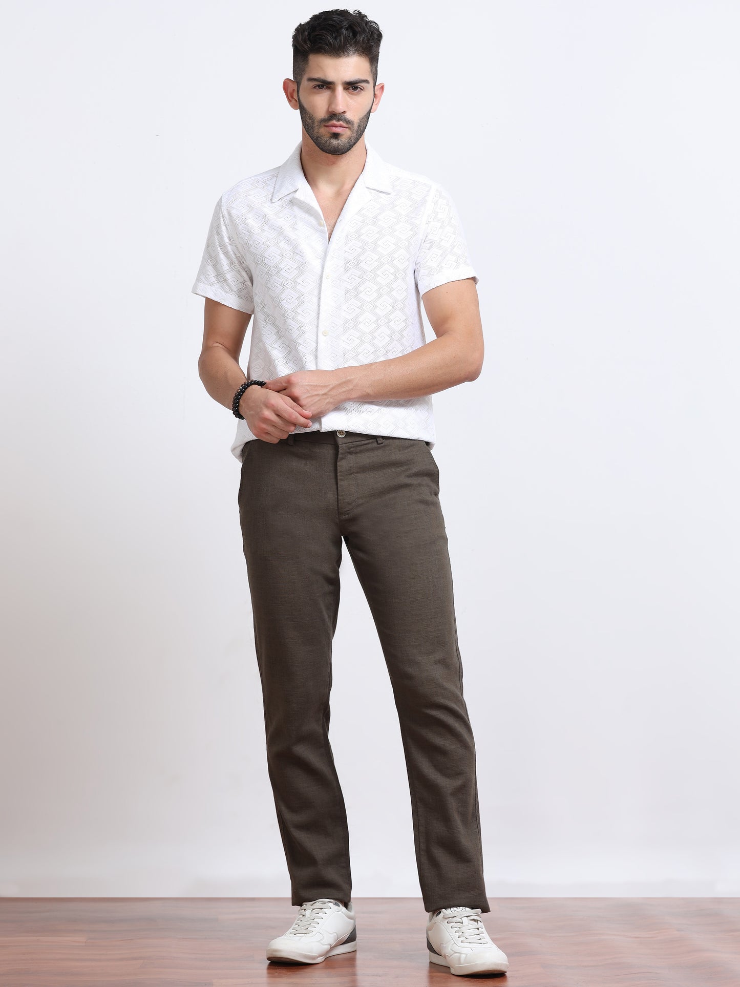 Men’s Linen Dark Brown Slim-Fit Casual Trousers– Black Thread
