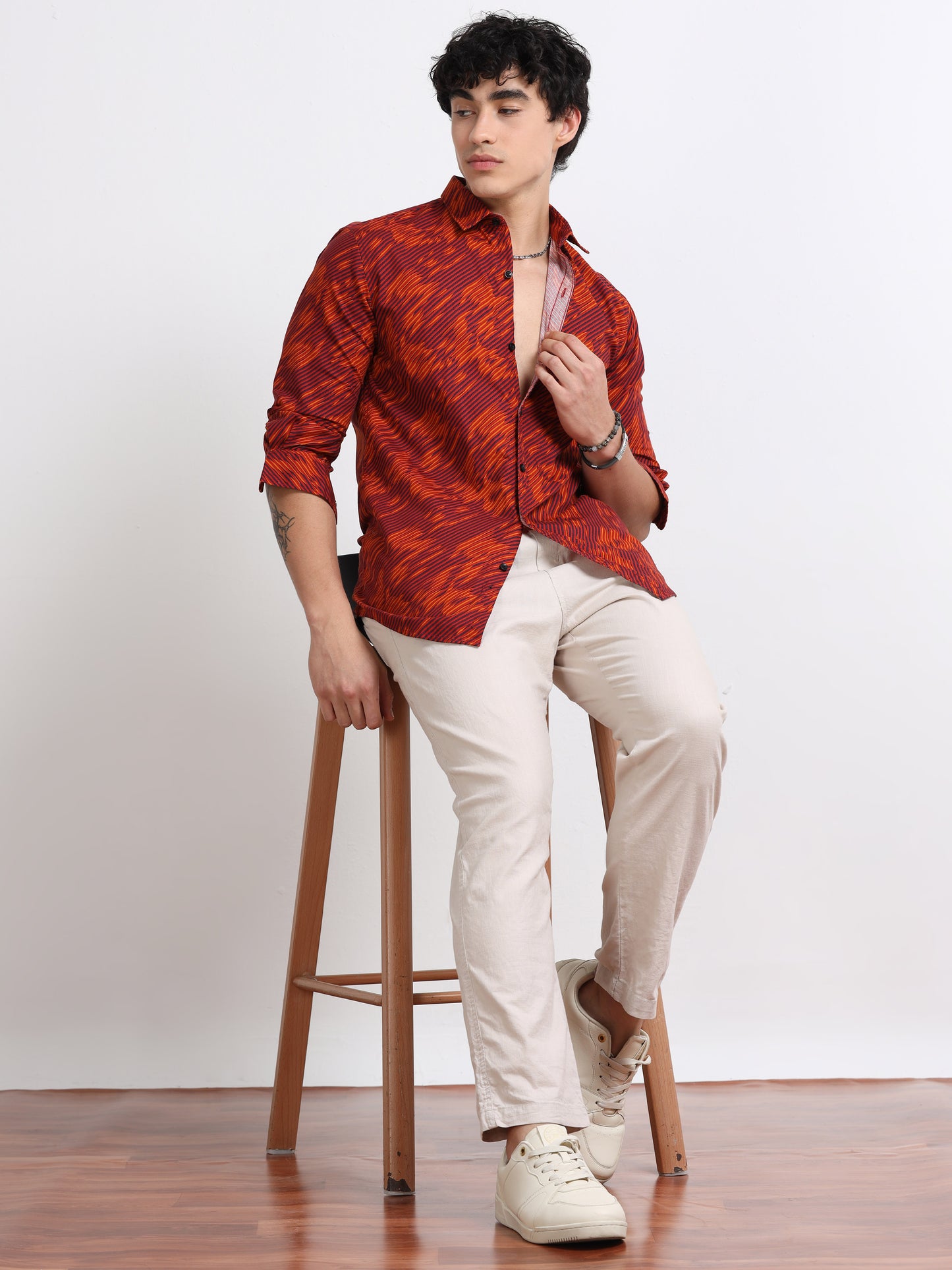 Men’s Rust Orange Abstract Printed Cotton Shirt by Black Thread
