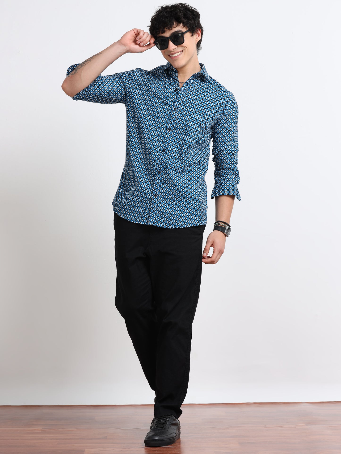 Men’s Blue Geometric Printed Cotton Shirt by Black Thread
