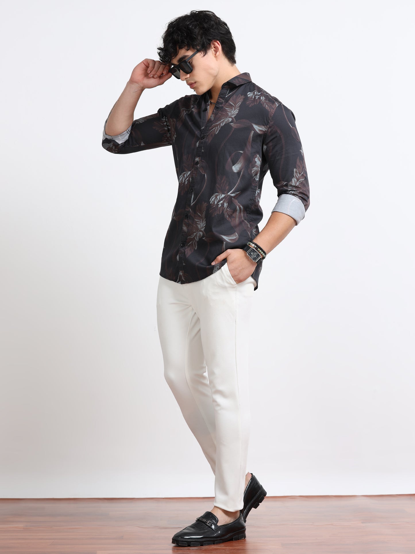 Men’s Black & Maroon Abstract Leaf Printed Cotton Shirt by Black Thread
