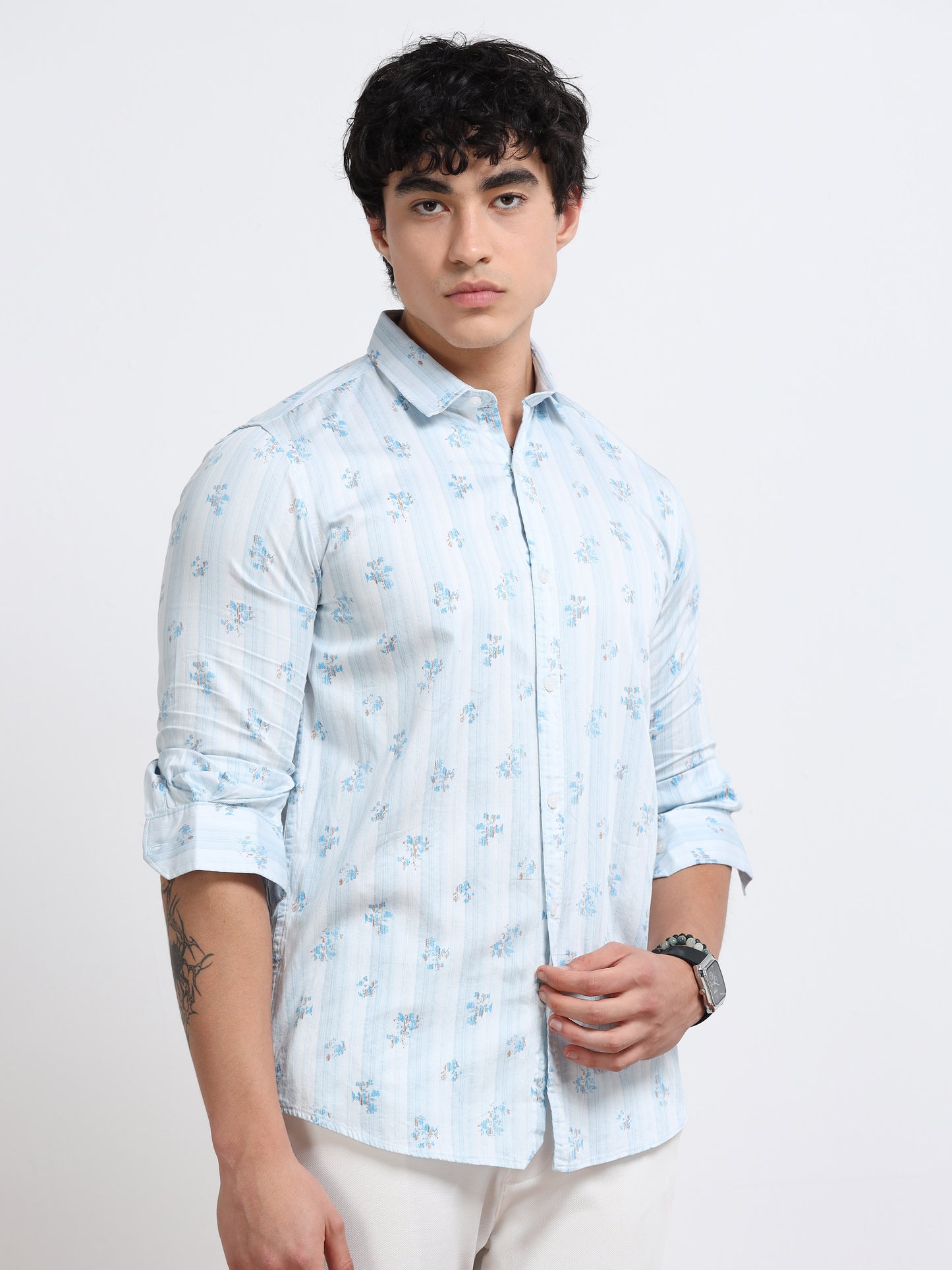 Men’s Light Blue Palm Print Cotton Shirt
