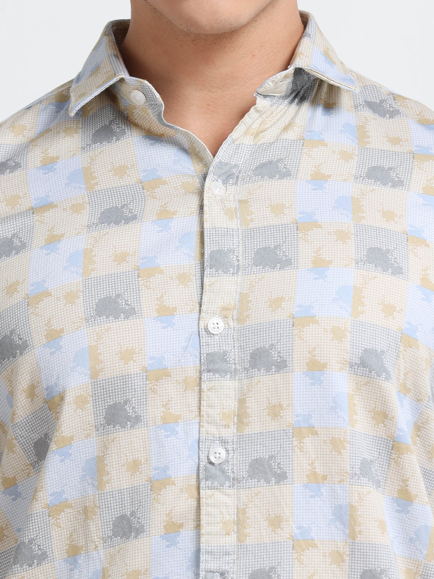 Men’s Beige & Yellow Geometric Cotton Shirt
