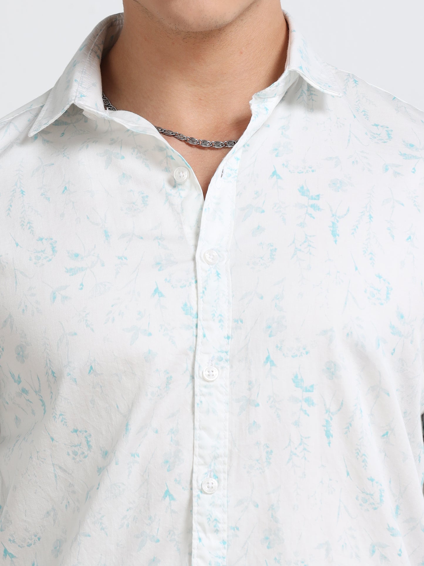 Men’s White & Teal Minimal Printed Cotton Shirt
