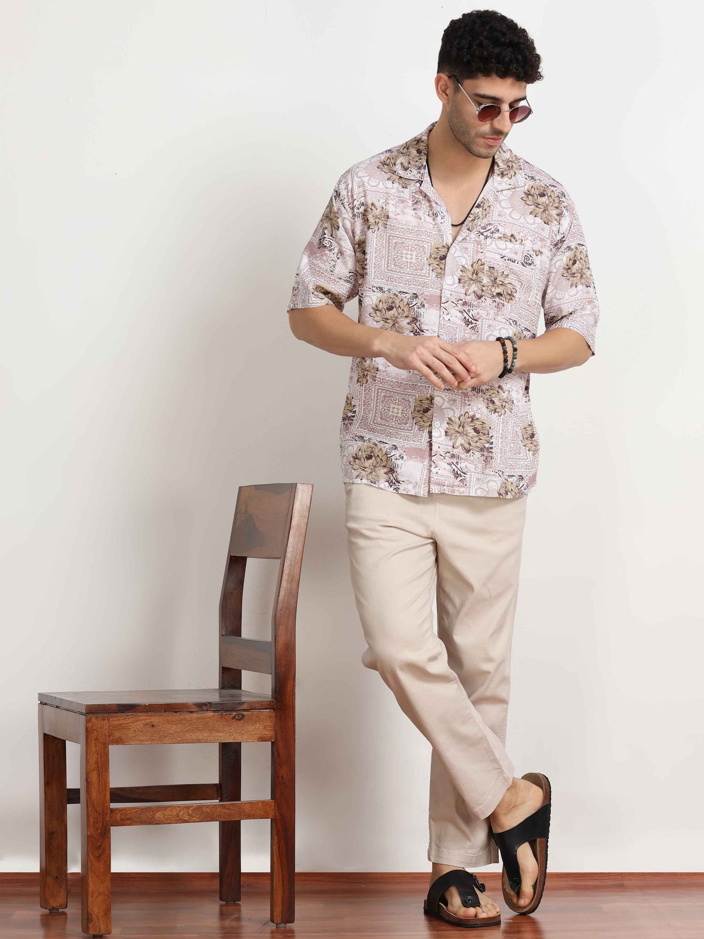 Floral Printed Light Brown Oversized Shirt for men