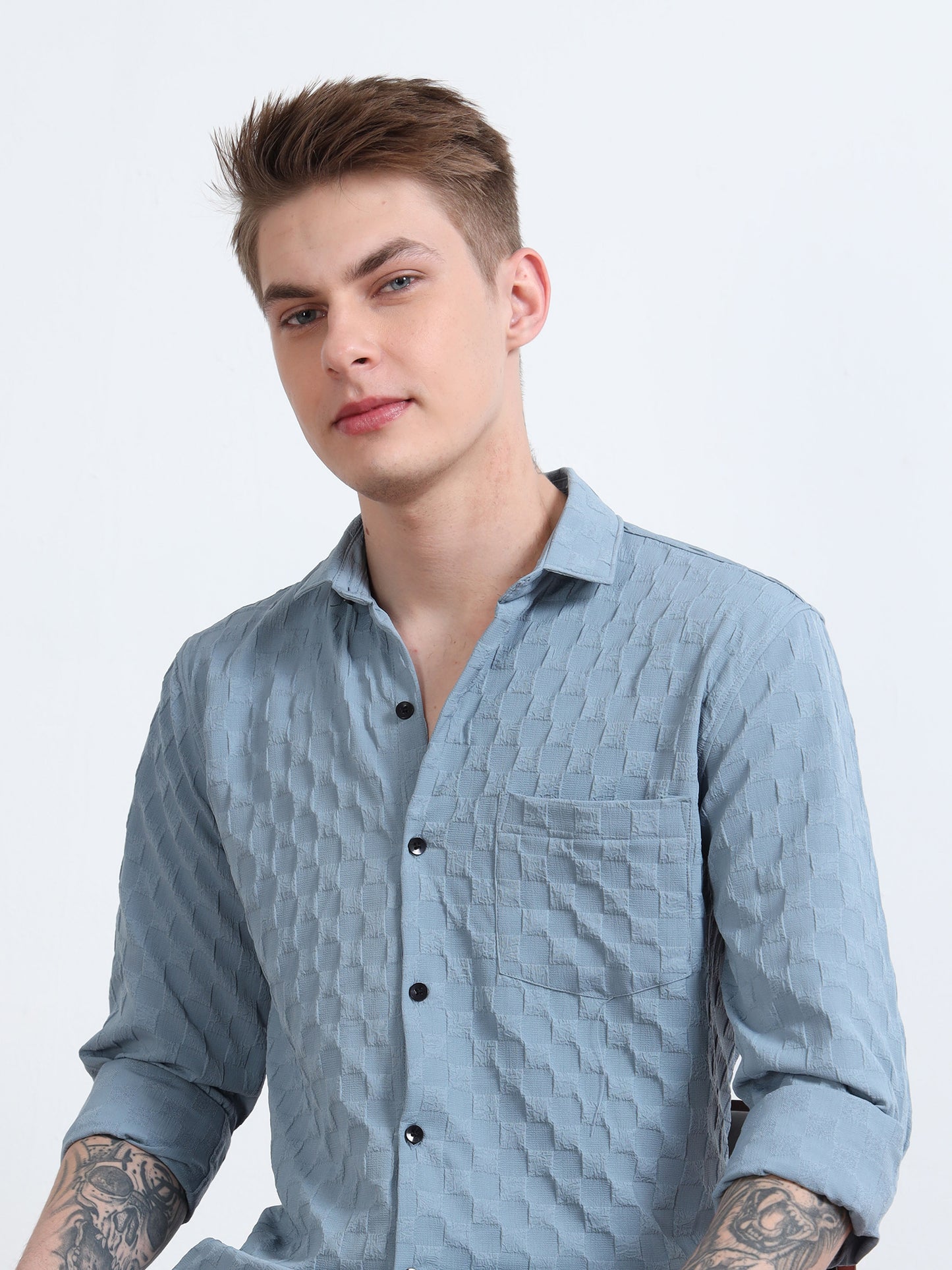 Light Grey Blue Popcorn Shirt for Men