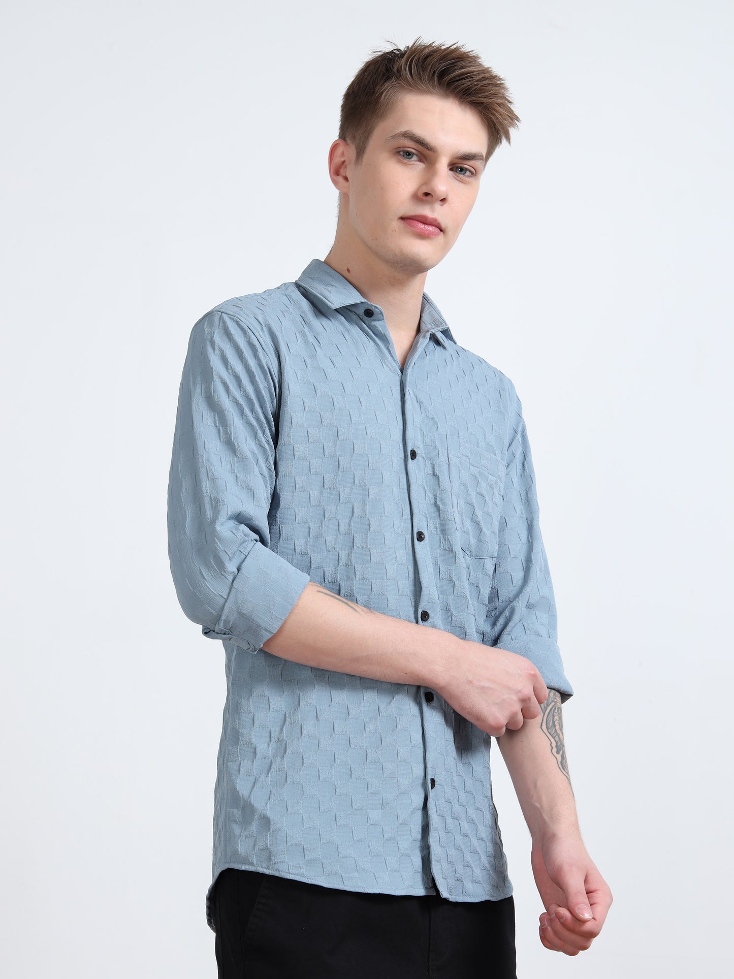 Light Grey Blue Popcorn Shirt for Men