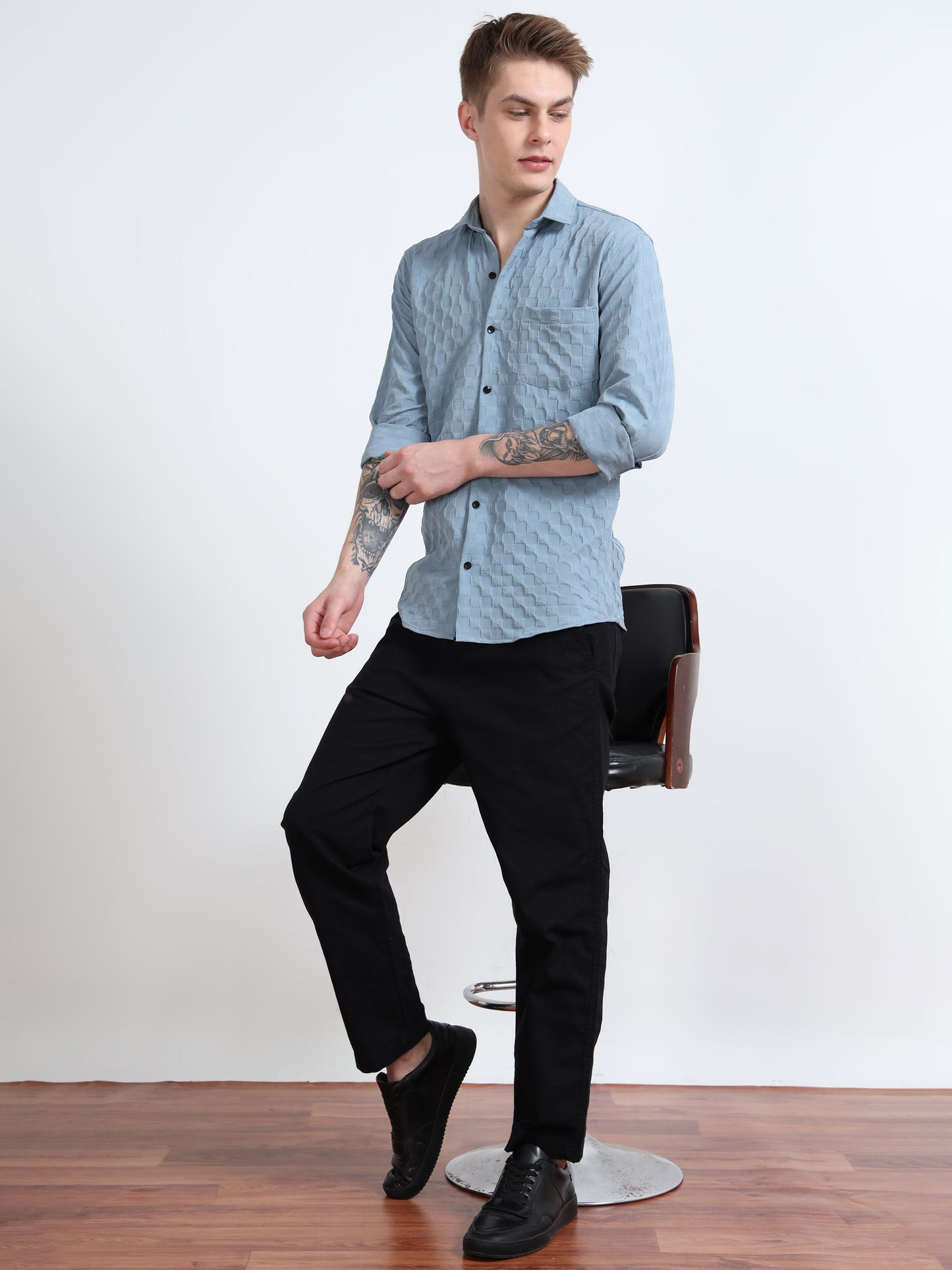 Light Grey Blue Popcorn Shirt for Men