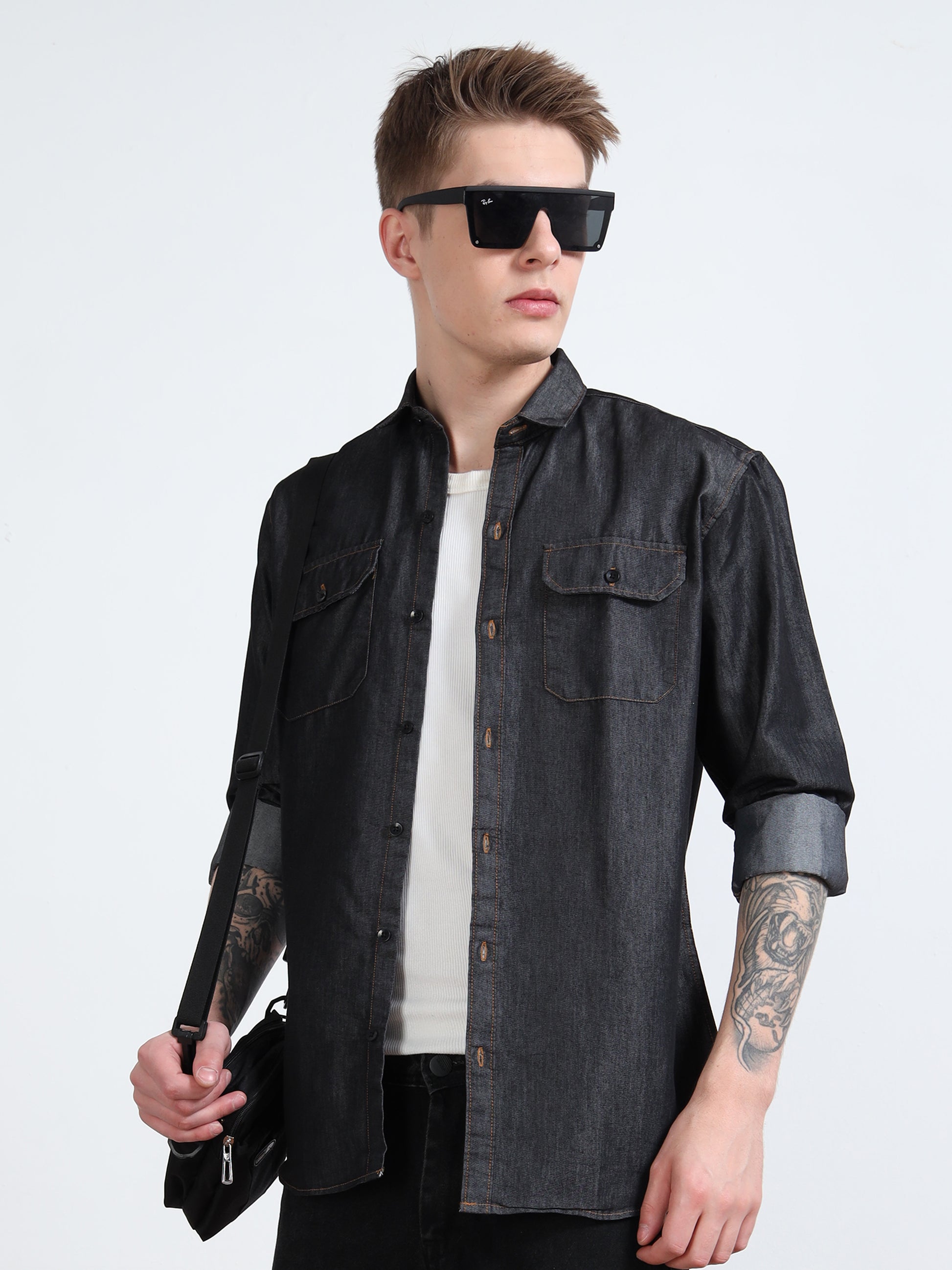 Solid Dark Grey Denim Shirt for Men