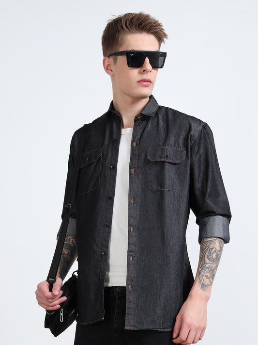 Solid Dark Grey Denim Shirt for Men