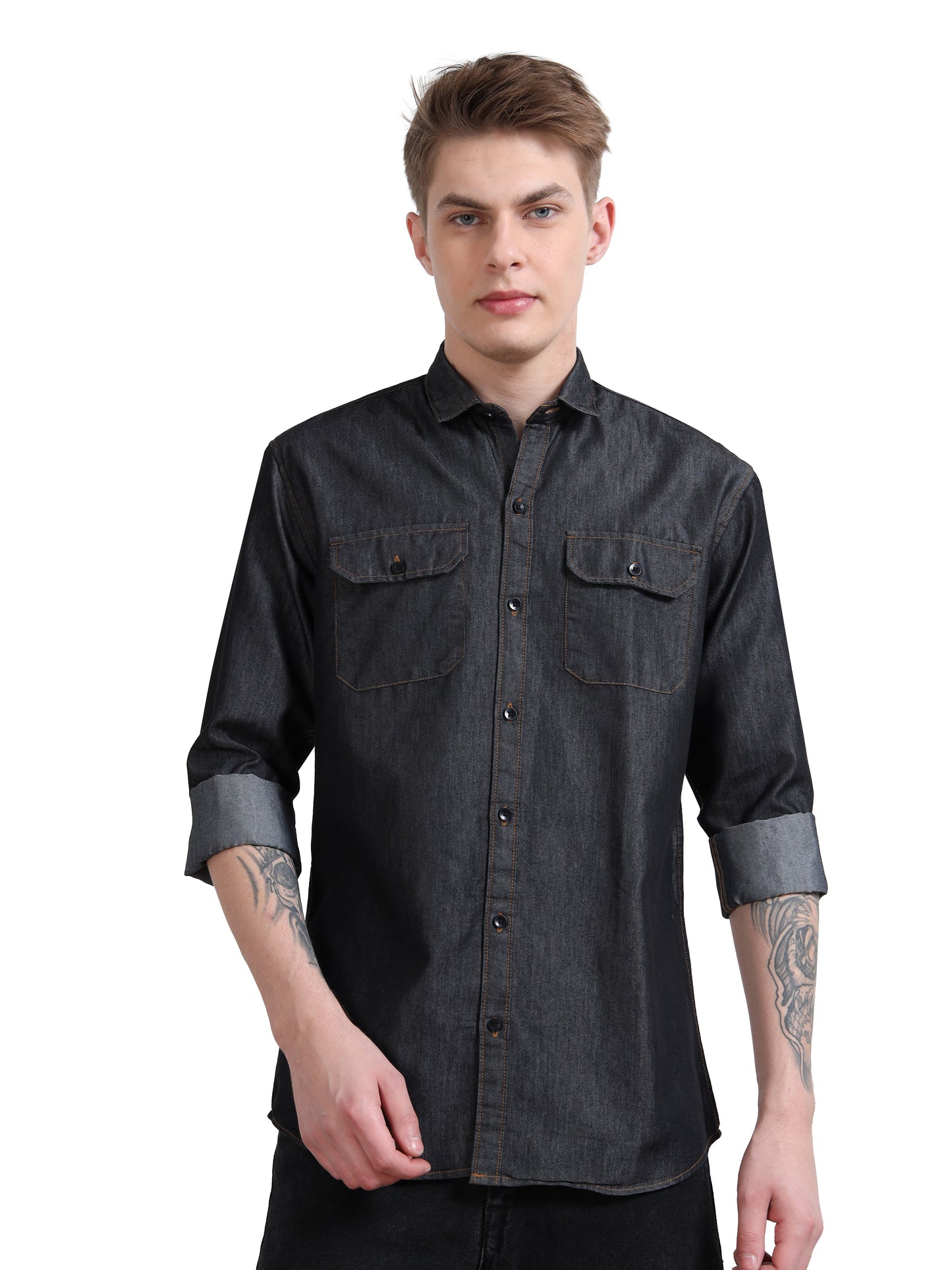 Solid Dark Grey Denim Shirt for Men